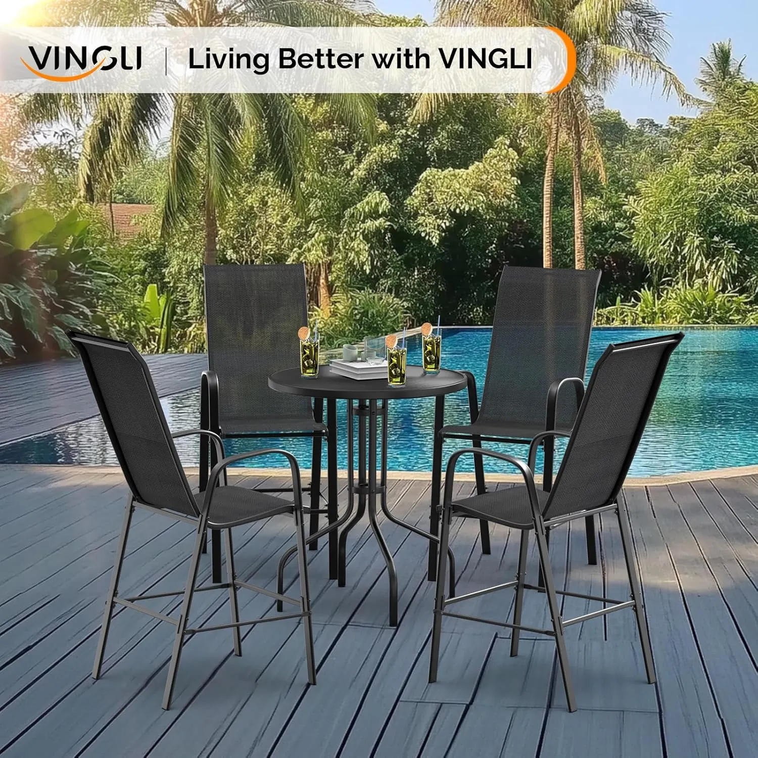 VINGLI Outdoor Bar Chairs Set of 6 – Stackable Outdoor Bar Stools with Sturdy Sling High Back and Armrests for Lawn, Courtyard, Garden, Bar, Black