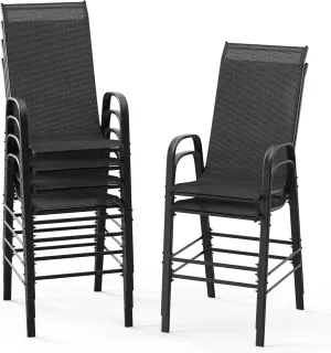 VINGLI Outdoor Bar Chairs Set of 6 – Stackable Outdoor Bar Stools with Sturdy Sling High Back and Armrests for Lawn, Courtyard, Garden, Bar, Black