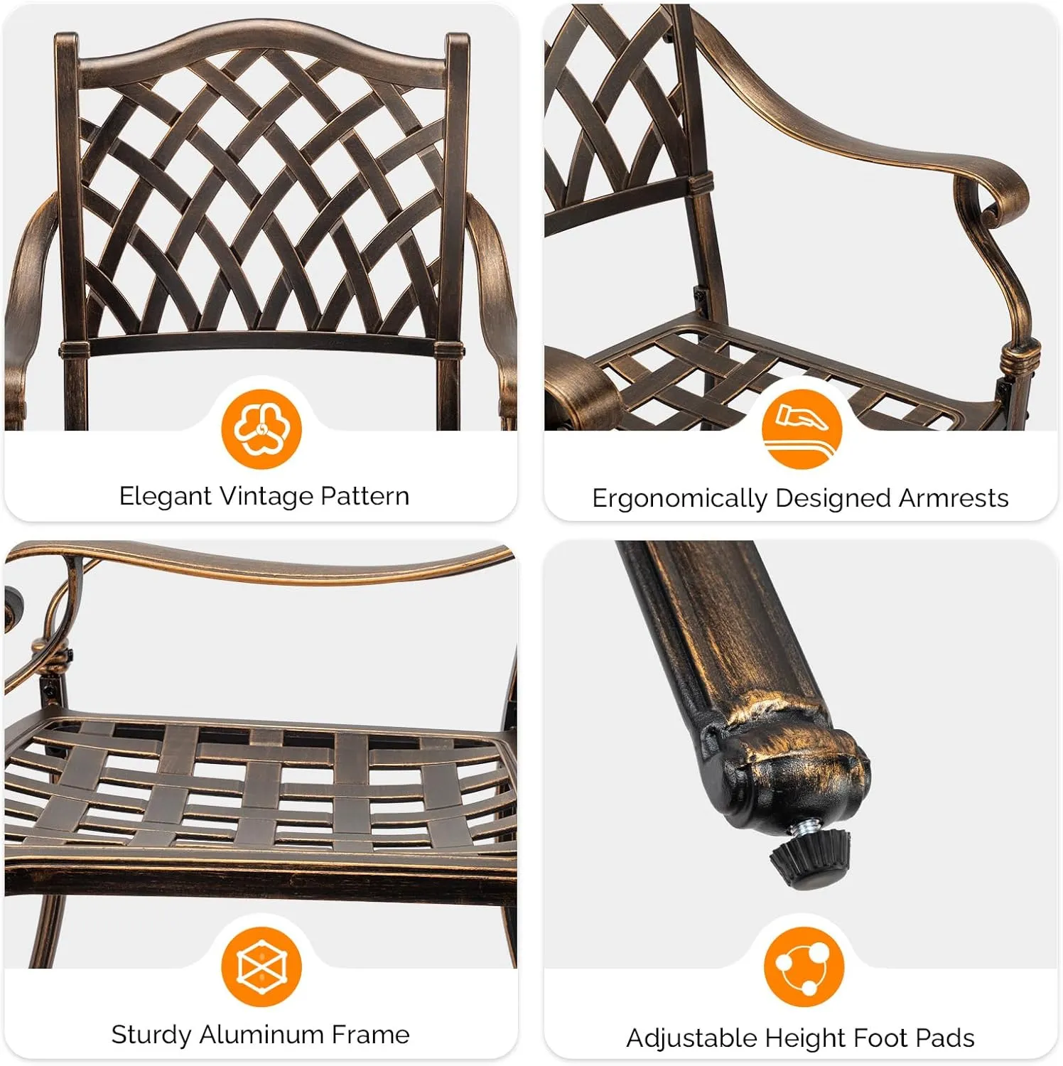 VINGLI Patio Chairs Set of 2 - Stackable Outdoor Cast Aluminum Dining Chairs with Vintage Bronze Finish and Diamond Pattern, Metal Armchairs for Poolside, Backyard, Balcony (No Cushion)