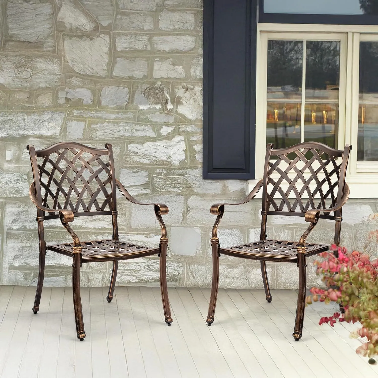 VINGLI Patio Chairs Set of 2 - Stackable Outdoor Cast Aluminum Dining Chairs with Vintage Bronze Finish and Diamond Pattern, Metal Armchairs for Poolside, Backyard, Balcony (No Cushion)