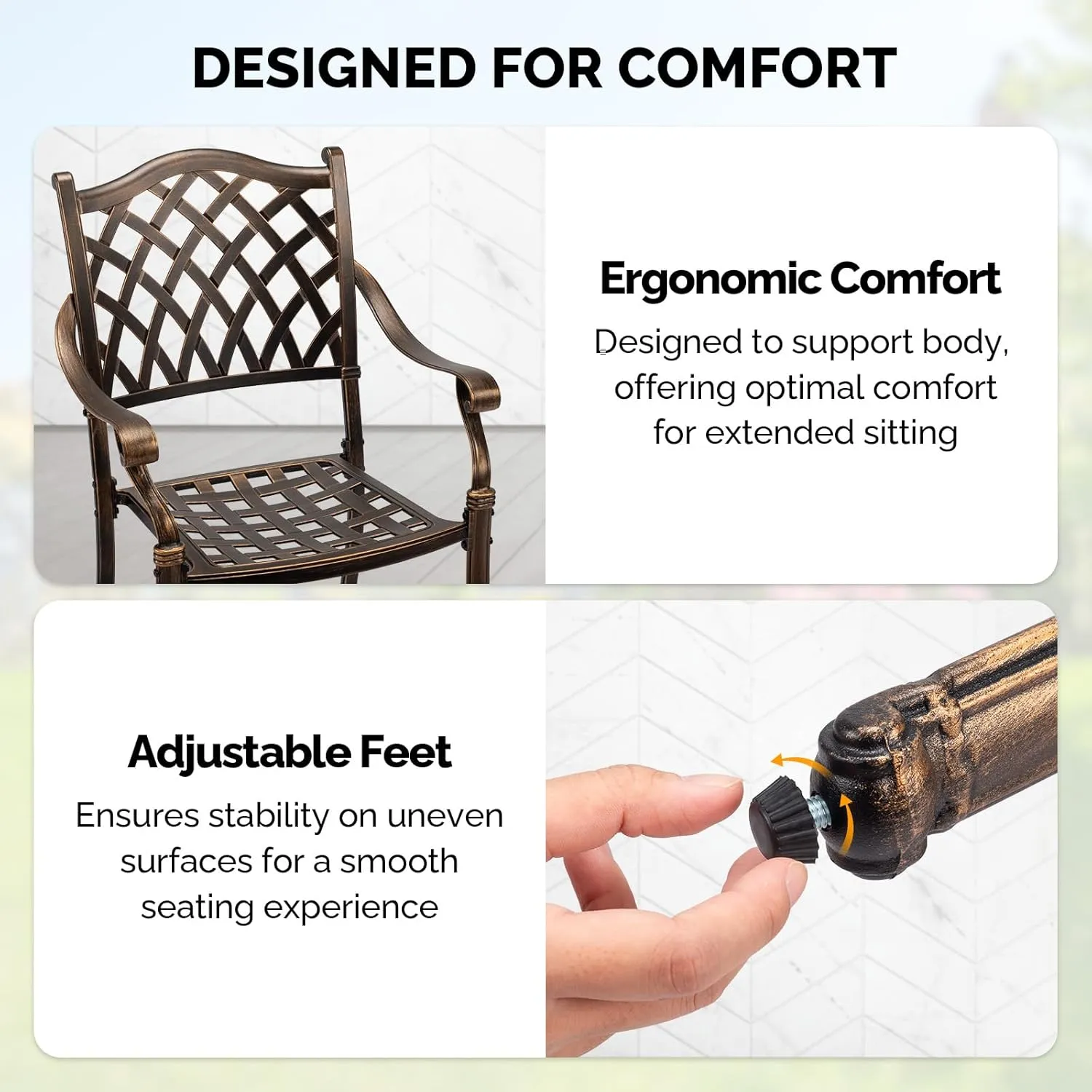 VINGLI Patio Chairs Set of 2 - Stackable Outdoor Cast Aluminum Dining Chairs with Vintage Bronze Finish and Diamond Pattern, Metal Armchairs for Poolside, Backyard, Balcony (No Cushion)