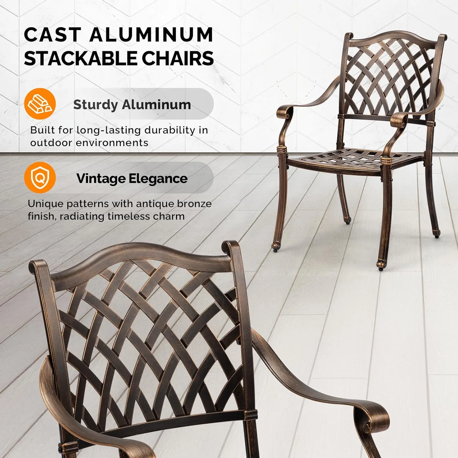 VINGLI Patio Chairs Set of 2 - Stackable Outdoor Cast Aluminum Dining Chairs with Vintage Bronze Finish and Diamond Pattern, Metal Armchairs for Poolside, Backyard, Balcony (No Cushion)