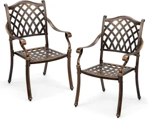 VINGLI Patio Chairs Set of 2 - Stackable Outdoor Cast Aluminum Dining Chairs with Vintage Bronze Finish and Diamond Pattern, Metal Armchairs for Poolside, Backyard, Balcony (No Cushion)