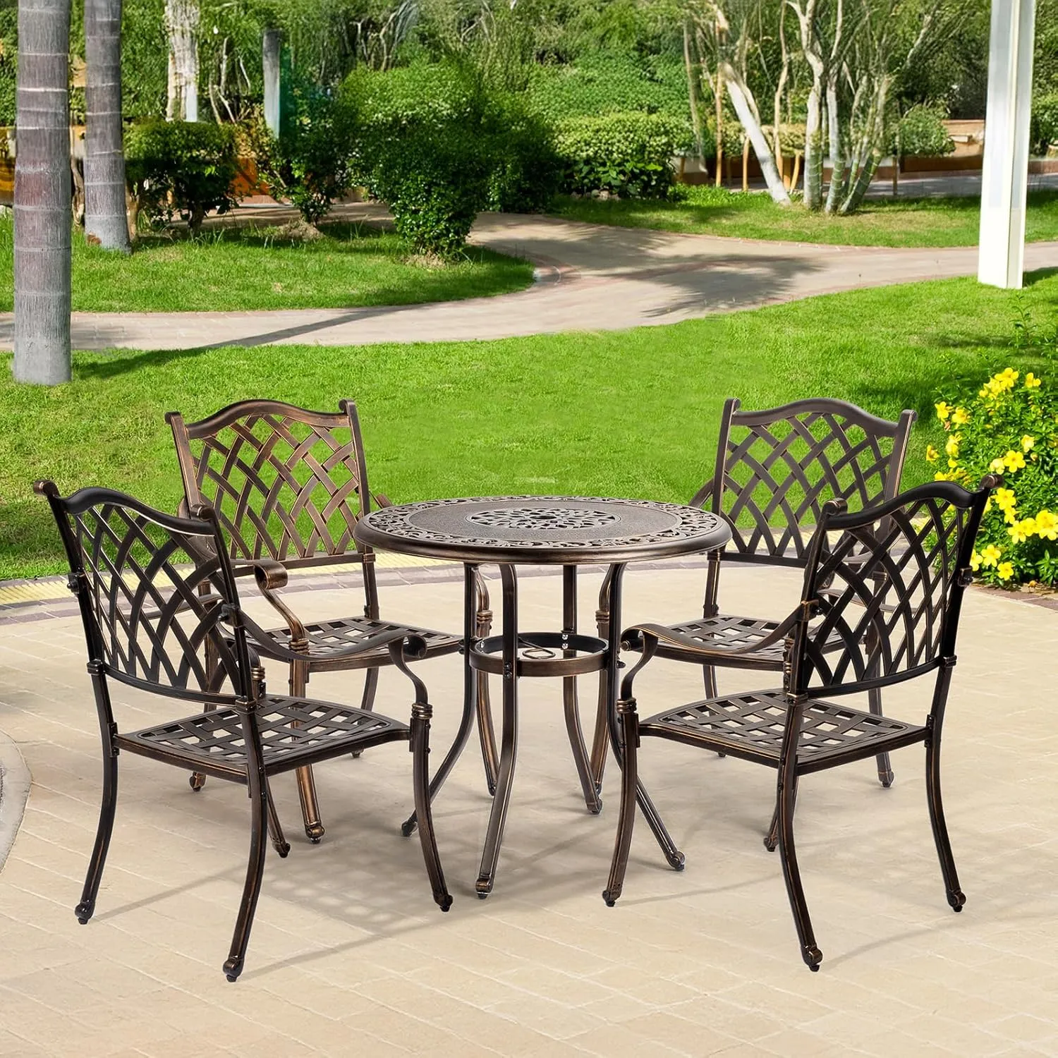 VINGLI Patio Chairs Set of 2 - Stackable Outdoor Cast Aluminum Dining Chairs with Vintage Bronze Finish and Diamond Pattern, Metal Armchairs for Poolside, Backyard, Balcony (No Cushion)