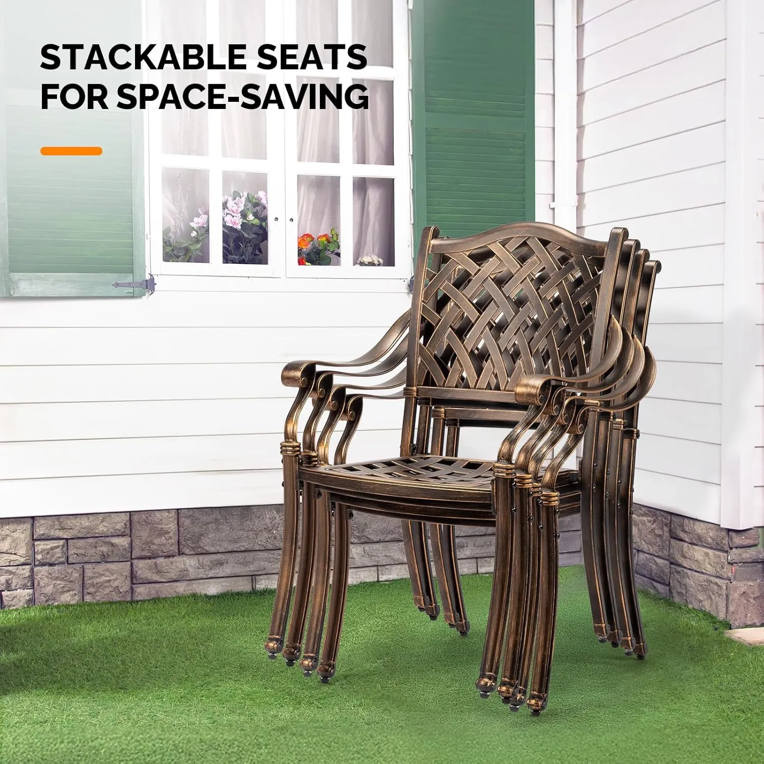 VINGLI Patio Chairs Set of 2 - Stackable Outdoor Cast Aluminum Dining Chairs with Vintage Bronze Finish and Diamond Pattern, Metal Armchairs for Poolside, Backyard, Balcony (No Cushion)