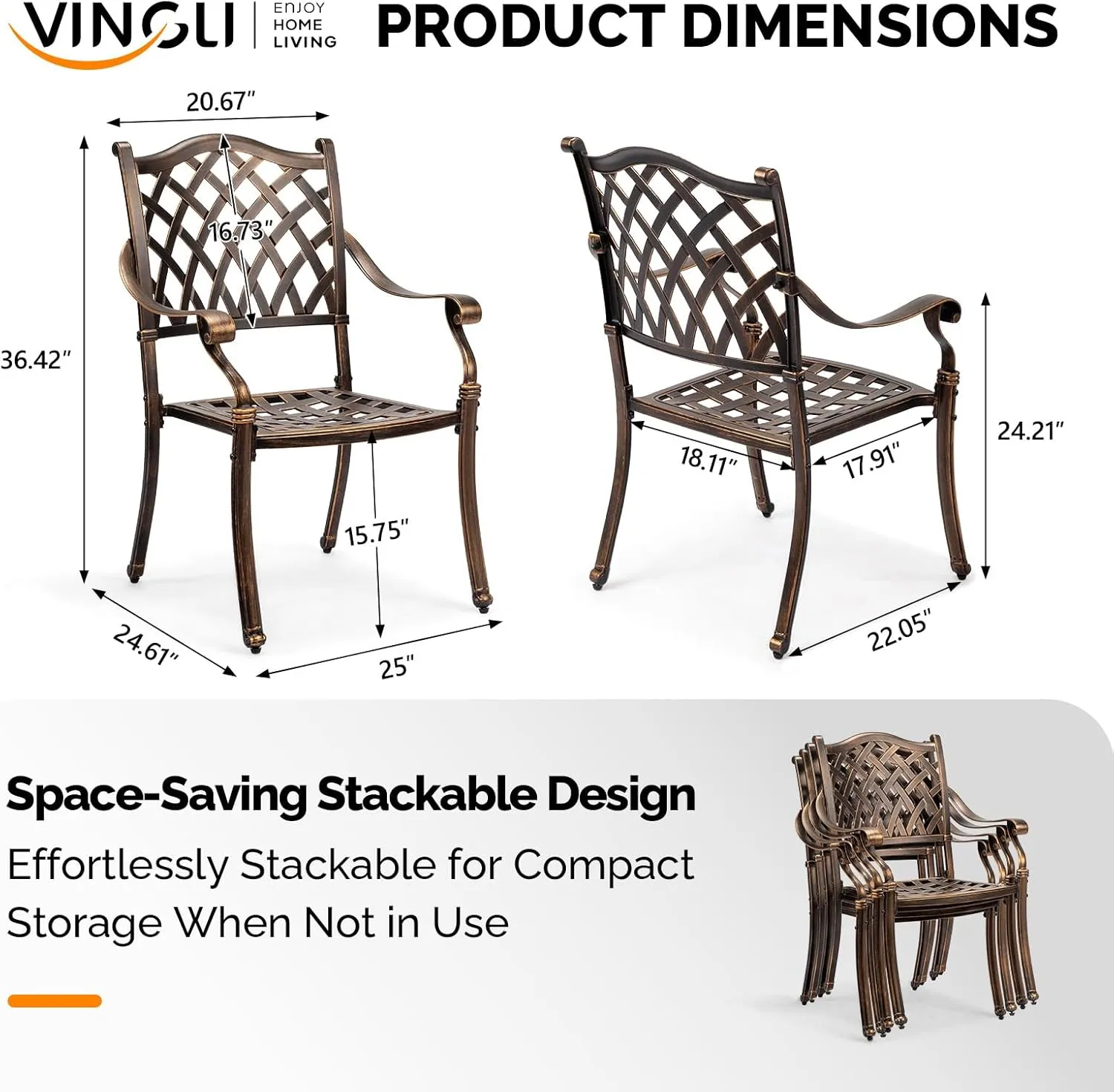 VINGLI Patio Chairs Set of 2 - Stackable Outdoor Cast Aluminum Dining Chairs with Vintage Bronze Finish and Diamond Pattern, Metal Armchairs for Poolside, Backyard, Balcony (No Cushion)