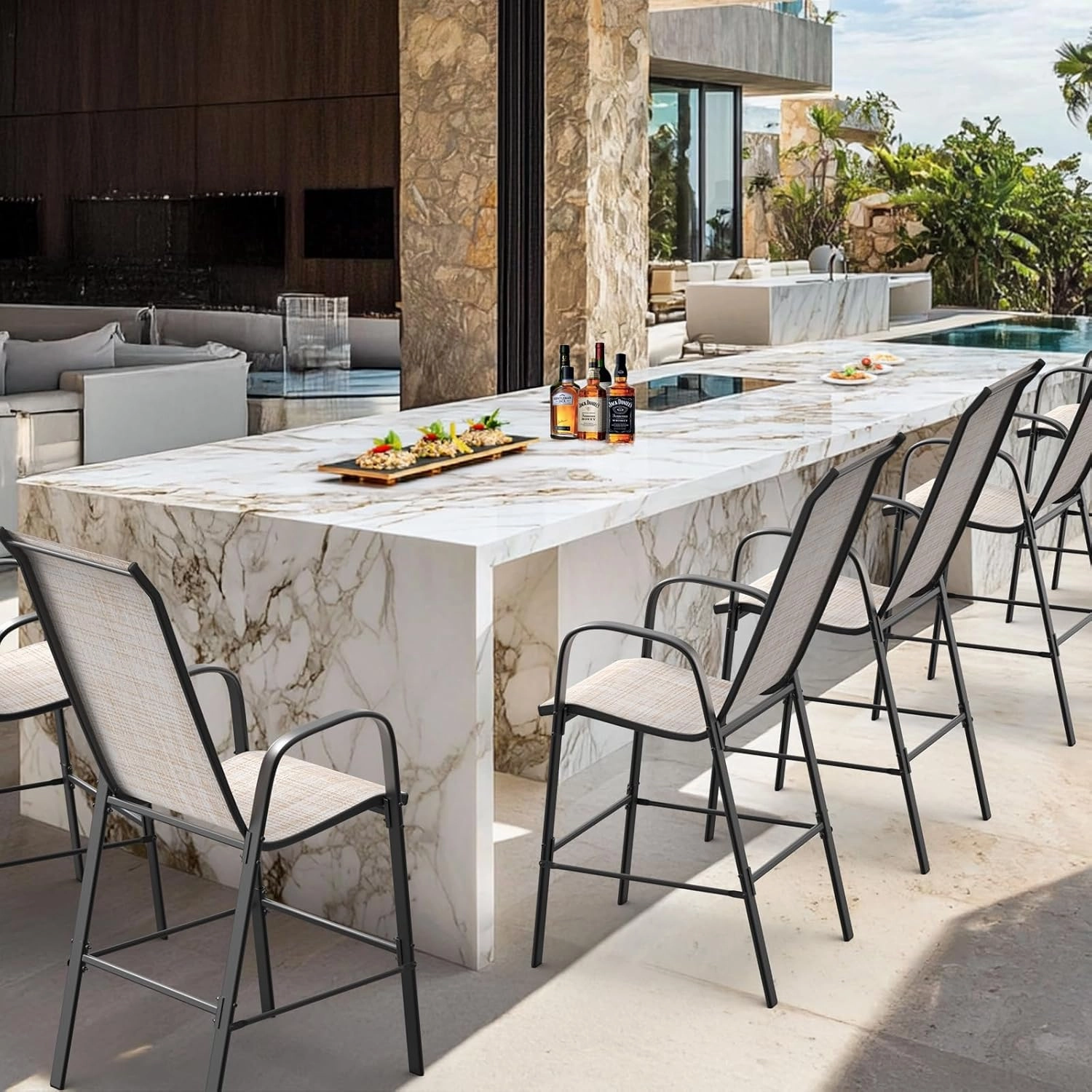 VINGLI Outdoor Bar Chairs Set of 6 – Stackable Outdoor Bar Stools with Sturdy Sling High Back and Armrests for Lawn, Courtyard, Garden, Bar, Yellow