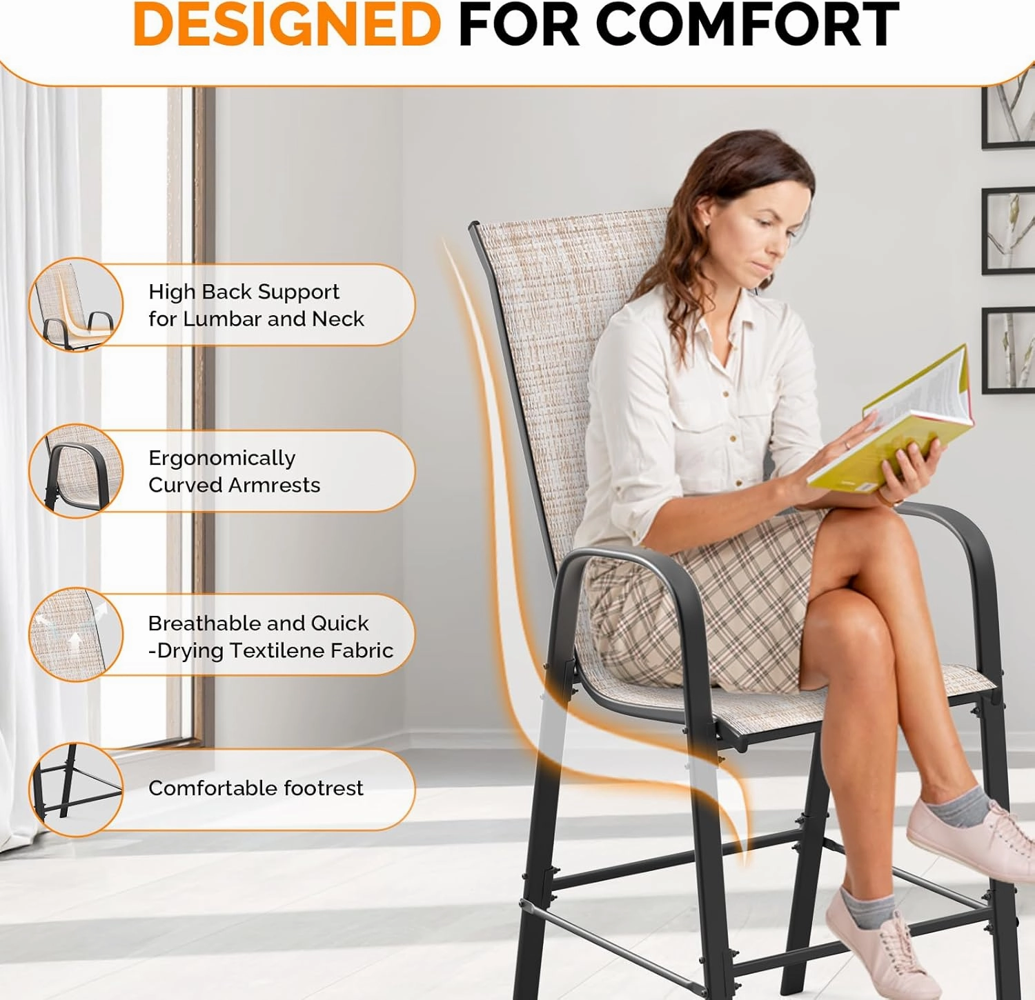 VINGLI Outdoor Bar Chairs Set of 6 – Stackable Outdoor Bar Stools with Sturdy Sling High Back and Armrests for Lawn, Courtyard, Garden, Bar, Yellow