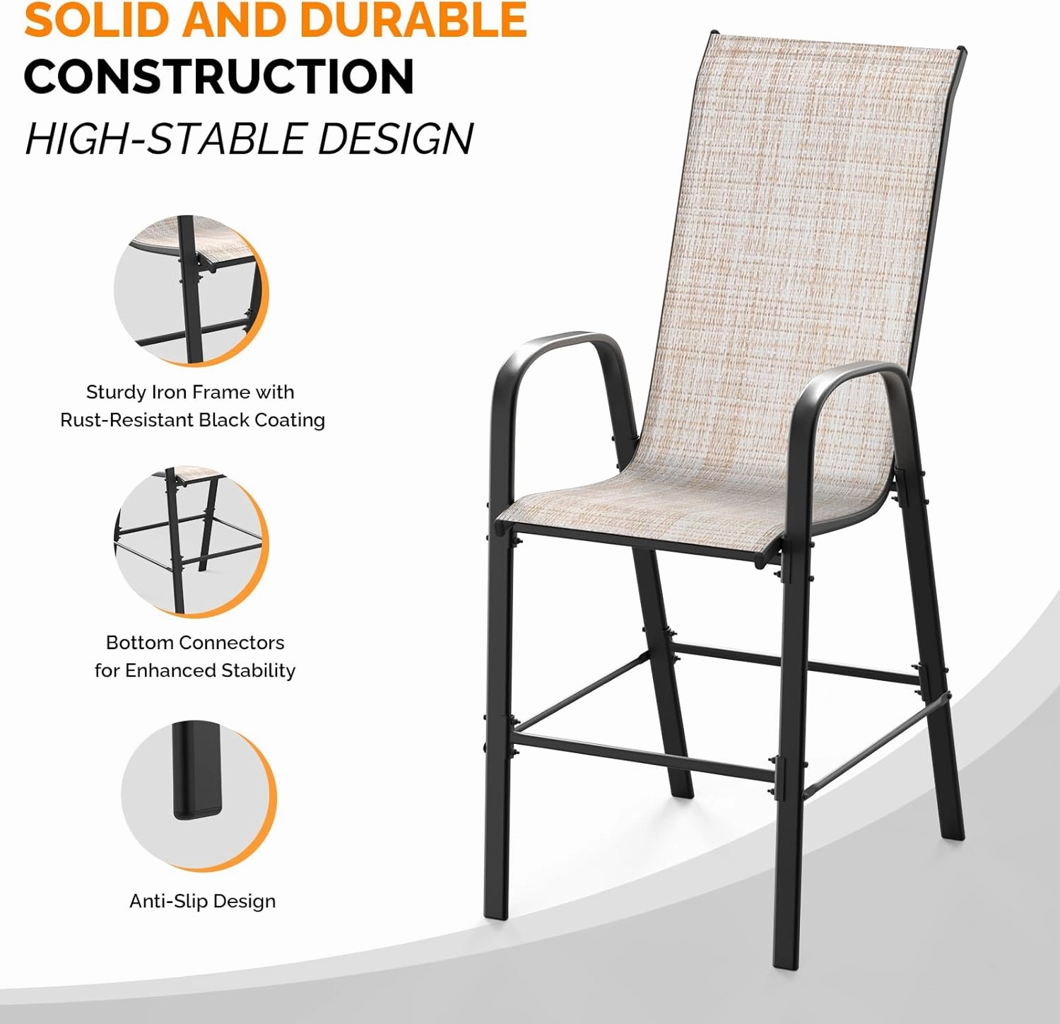 VINGLI Outdoor Bar Chairs Set of 6 – Stackable Outdoor Bar Stools with Sturdy Sling High Back and Armrests for Lawn, Courtyard, Garden, Bar, Yellow