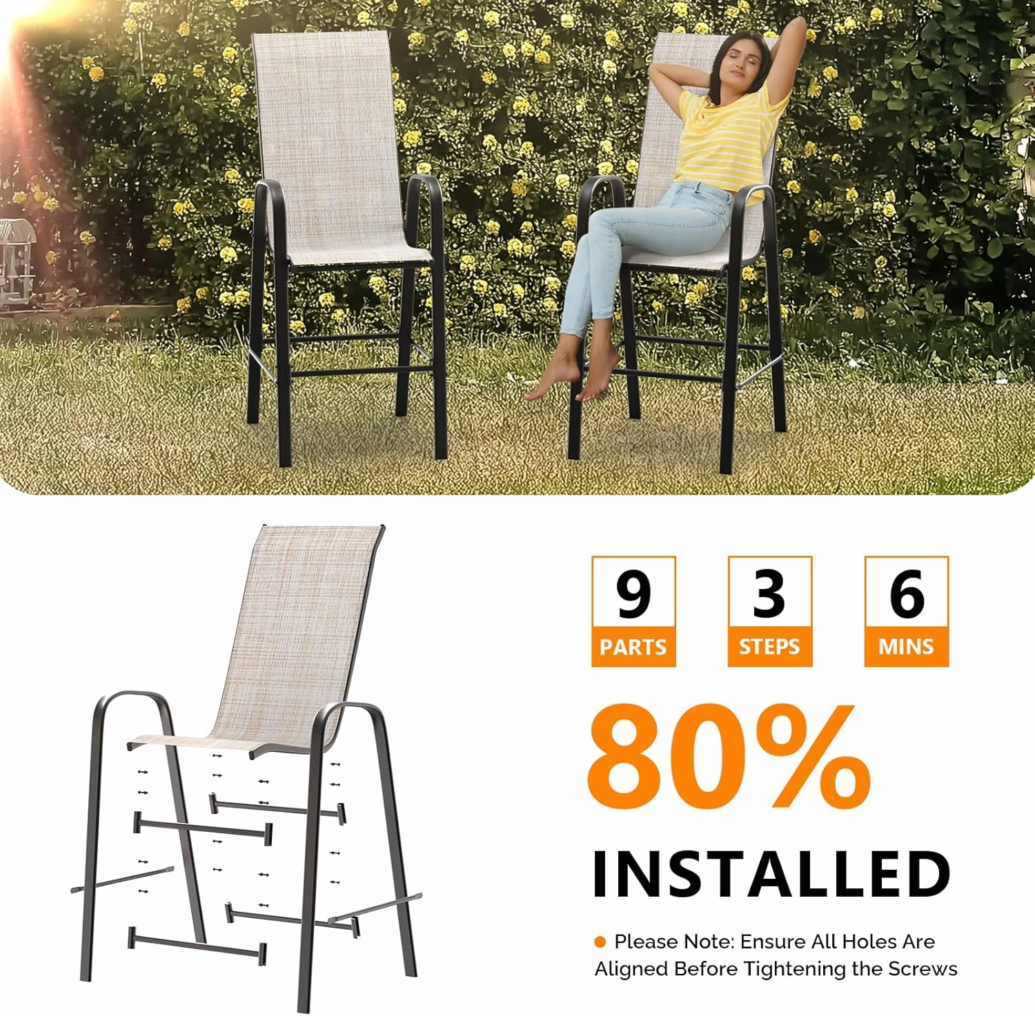 VINGLI Outdoor Bar Chairs Set of 6 – Stackable Outdoor Bar Stools with Sturdy Sling High Back and Armrests for Lawn, Courtyard, Garden, Bar, Yellow