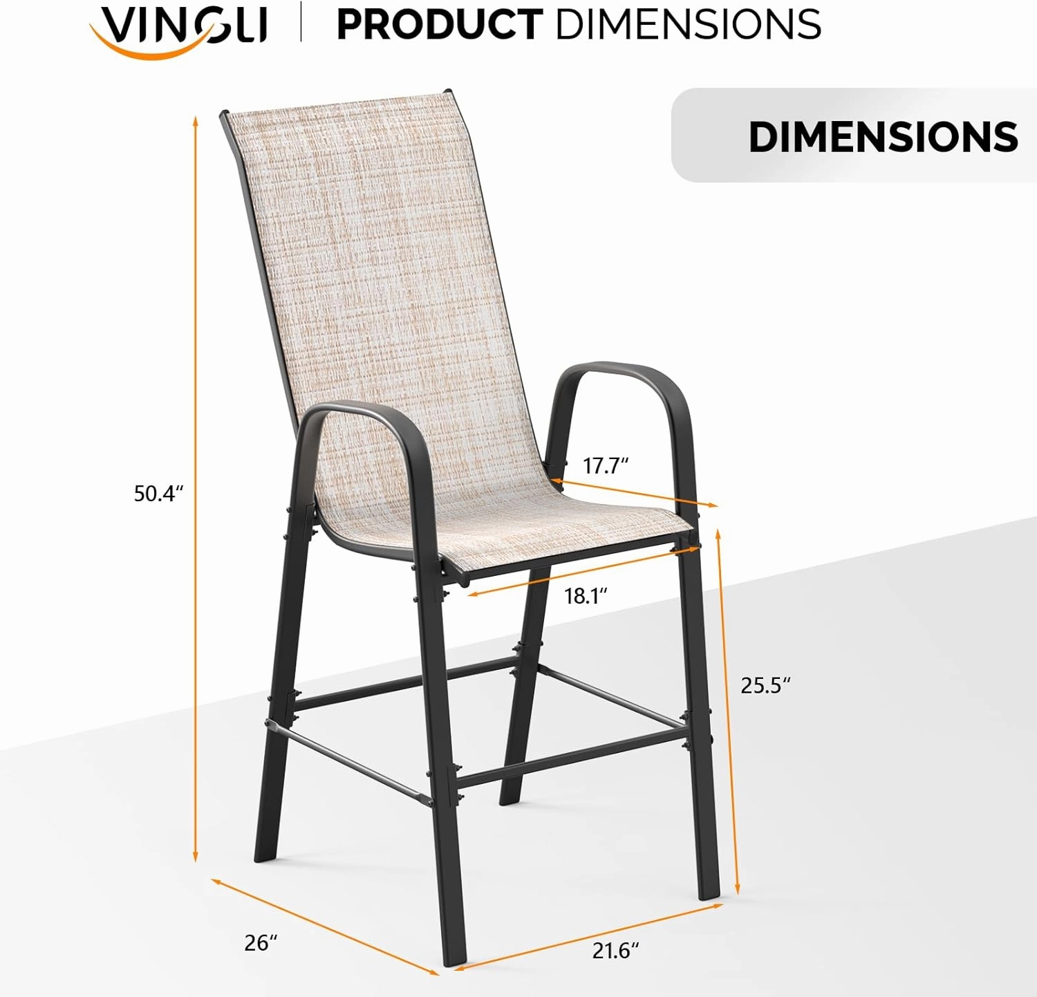 VINGLI Outdoor Bar Chairs Set of 6 – Stackable Outdoor Bar Stools with Sturdy Sling High Back and Armrests for Lawn, Courtyard, Garden, Bar, Yellow