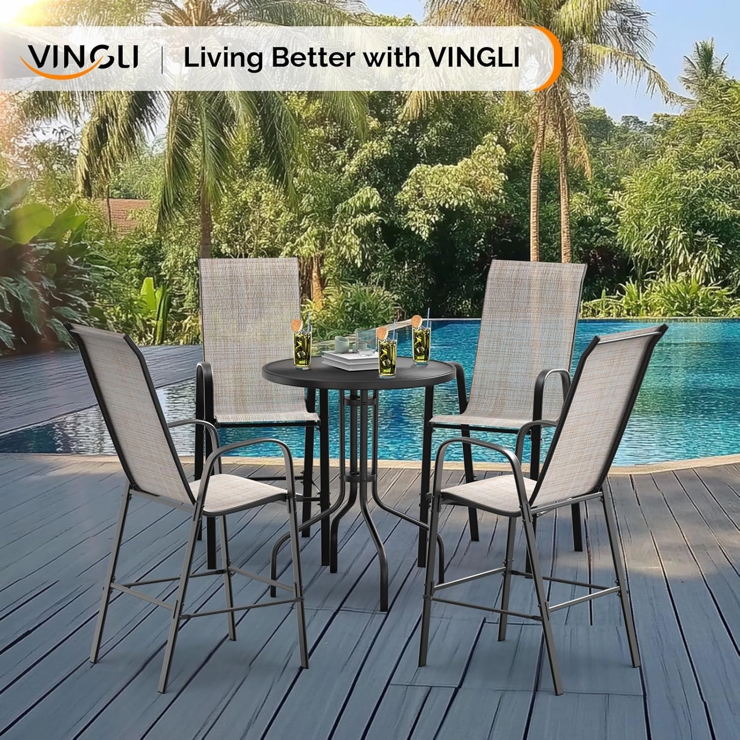 VINGLI Outdoor Bar Chairs Set of 6 – Stackable Outdoor Bar Stools with Sturdy Sling High Back and Armrests for Lawn, Courtyard, Garden, Bar, Yellow