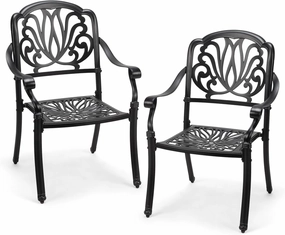 VINGLI Patio Chairs Set of 2 - Stackable Outdoor Cast Aluminum Dining Chairs with Vintage Black Finish and Floral Pattern, Metal Armchairs for Poolside, Backyard, Balcony (No Cushion)