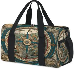 Vintage Compass Travel Duffel Bag Carry On Weekender Overnight Bags for Women Men Waterproof Sports Gym Bag for Airplanes Dance Practice Use