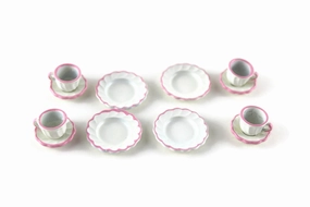Vintage 1:12 Miniature Dollhouse White & Pink 12 Piece Dish Set, Service for 4