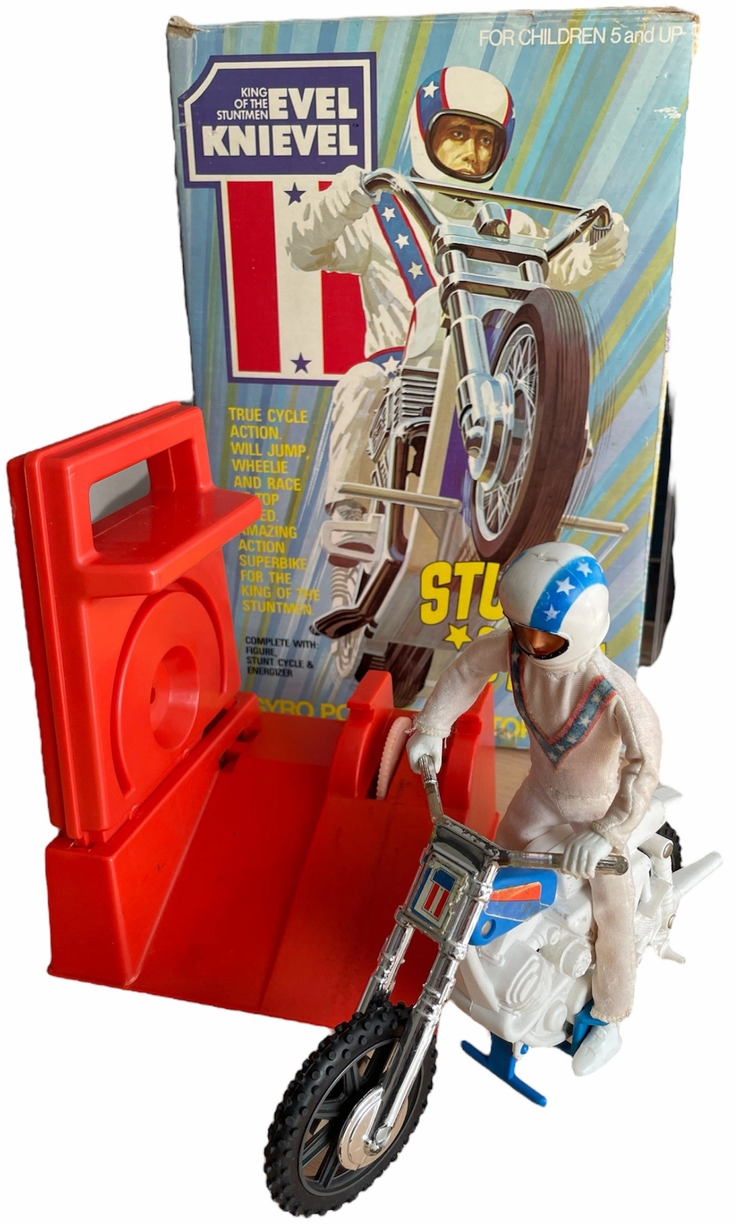 Vintage Ideal 1975 Evel Knievel King Of The Stuntmen Stunt Cycle Bike With Chrome Handlebars Complete With Evel Knievel Figure, Gyro Energizer and The Original Box