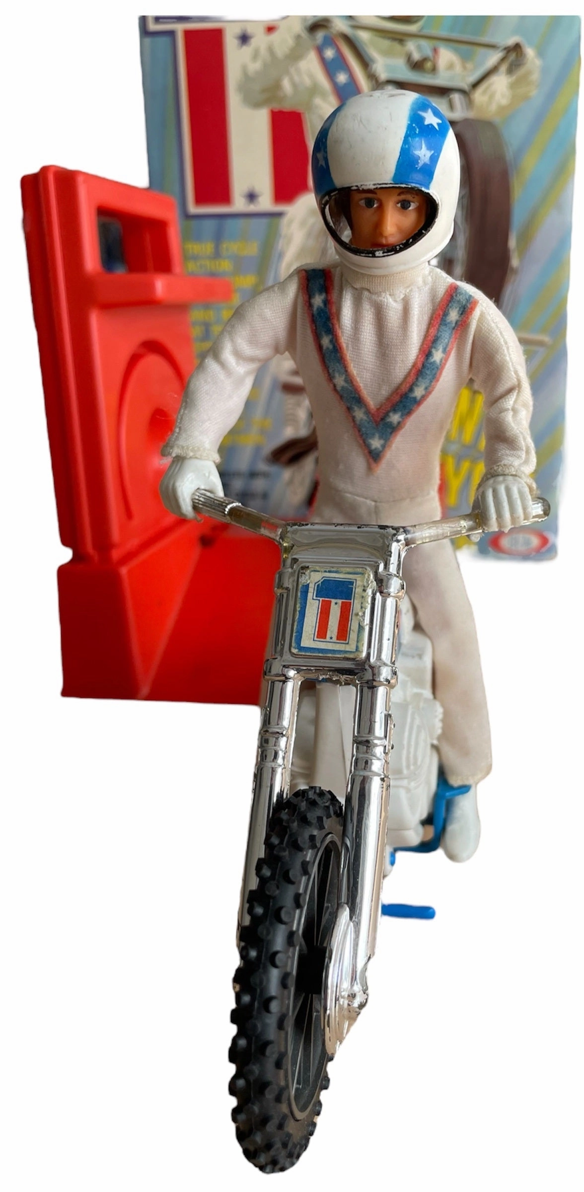 Vintage Ideal 1975 Evel Knievel King Of The Stuntmen Stunt Cycle Bike With Chrome Handlebars Complete With Evel Knievel Figure, Gyro Energizer and The Original Box