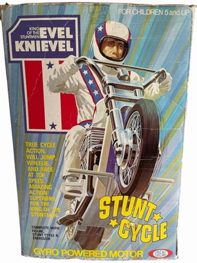 Vintage Ideal 1975 Evel Knievel King Of The Stuntmen Stunt Cycle Bike With Chrome Handlebars Complete With Evel Knievel Figure, Gyro Energizer and The Original Box
