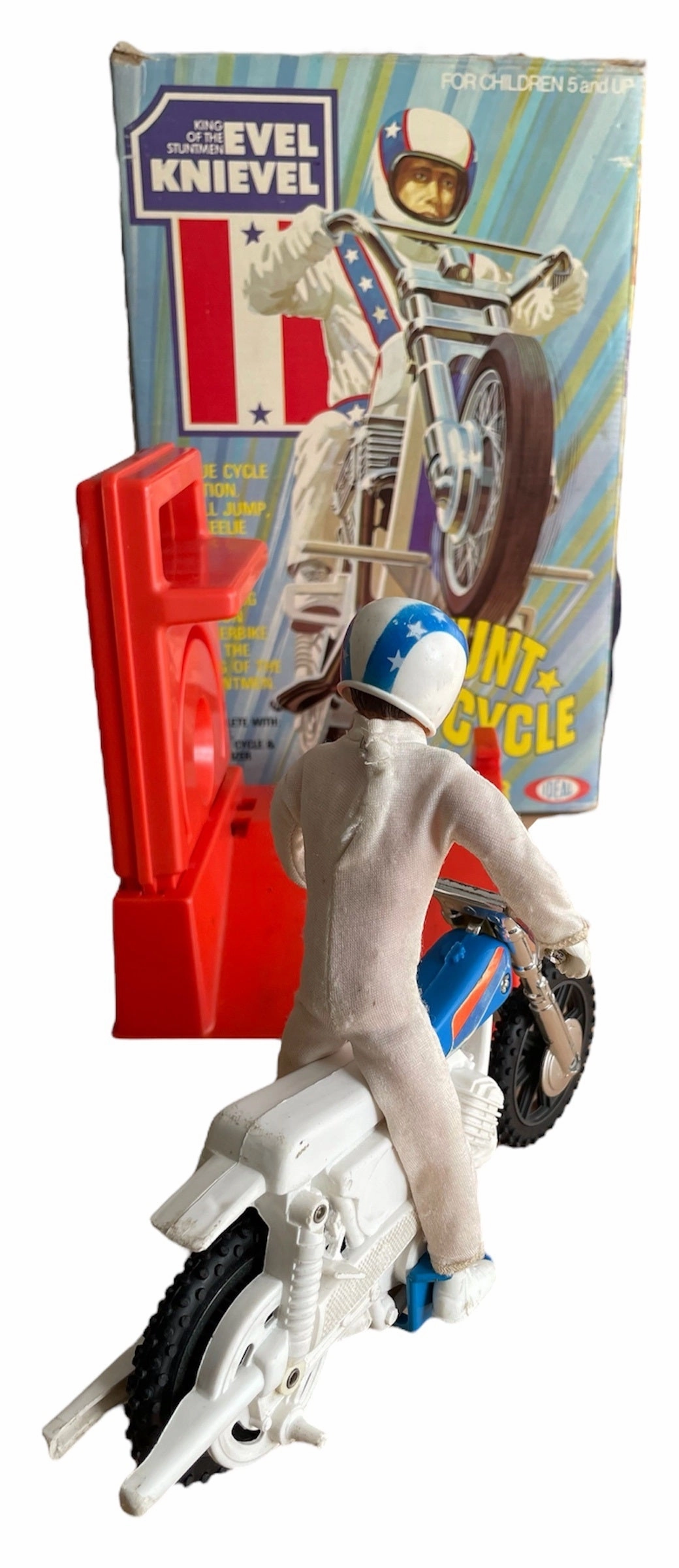 Vintage Ideal 1975 Evel Knievel King Of The Stuntmen Stunt Cycle Bike With Chrome Handlebars Complete With Evel Knievel Figure, Gyro Energizer and The Original Box