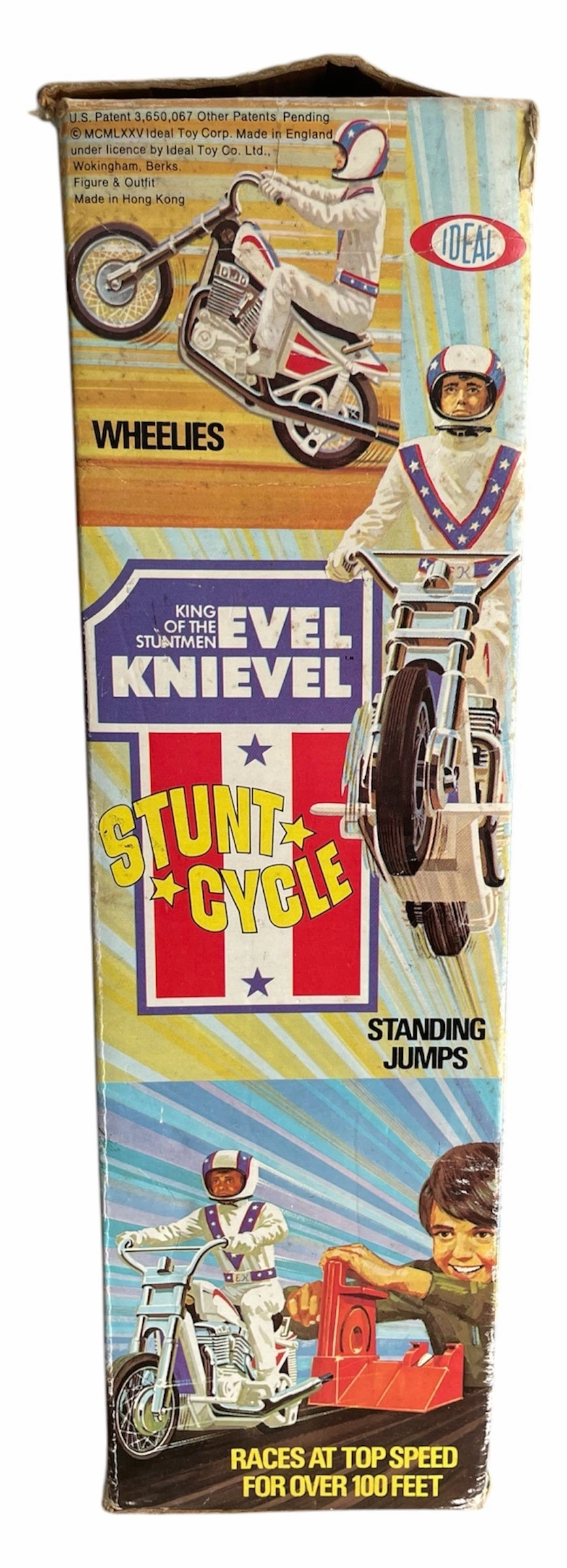 Vintage Ideal 1975 Evel Knievel King Of The Stuntmen Stunt Cycle Bike With Chrome Handlebars Complete With Evel Knievel Figure, Gyro Energizer and The Original Box