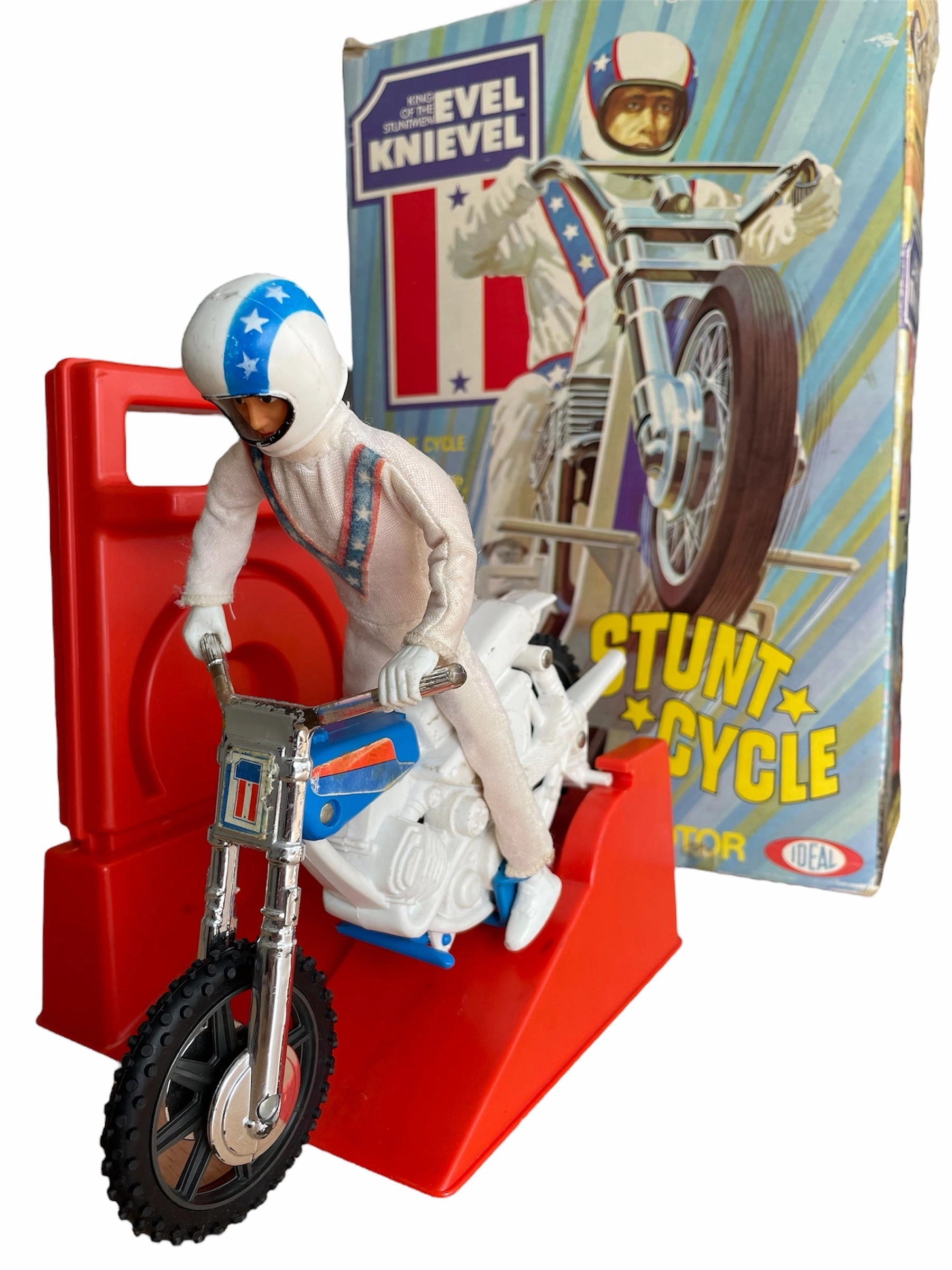 Vintage Ideal 1975 Evel Knievel King Of The Stuntmen Stunt Cycle Bike With Chrome Handlebars Complete With Evel Knievel Figure, Gyro Energizer and The Original Box