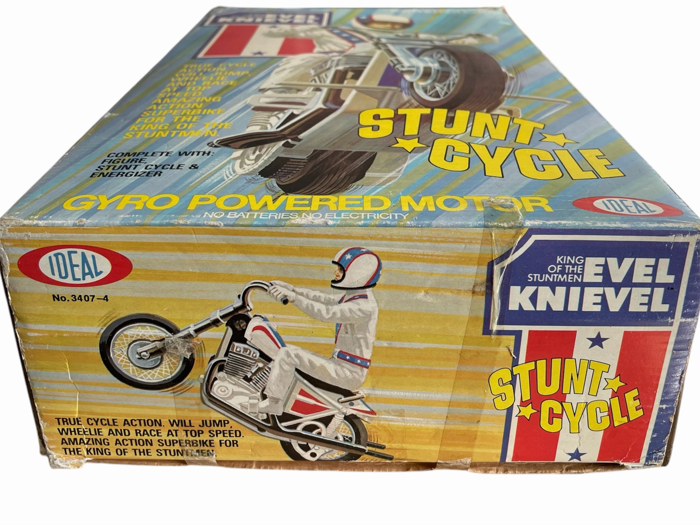 Vintage Ideal 1975 Evel Knievel King Of The Stuntmen Stunt Cycle Bike With Chrome Handlebars Complete With Evel Knievel Figure, Gyro Energizer and The Original Box
