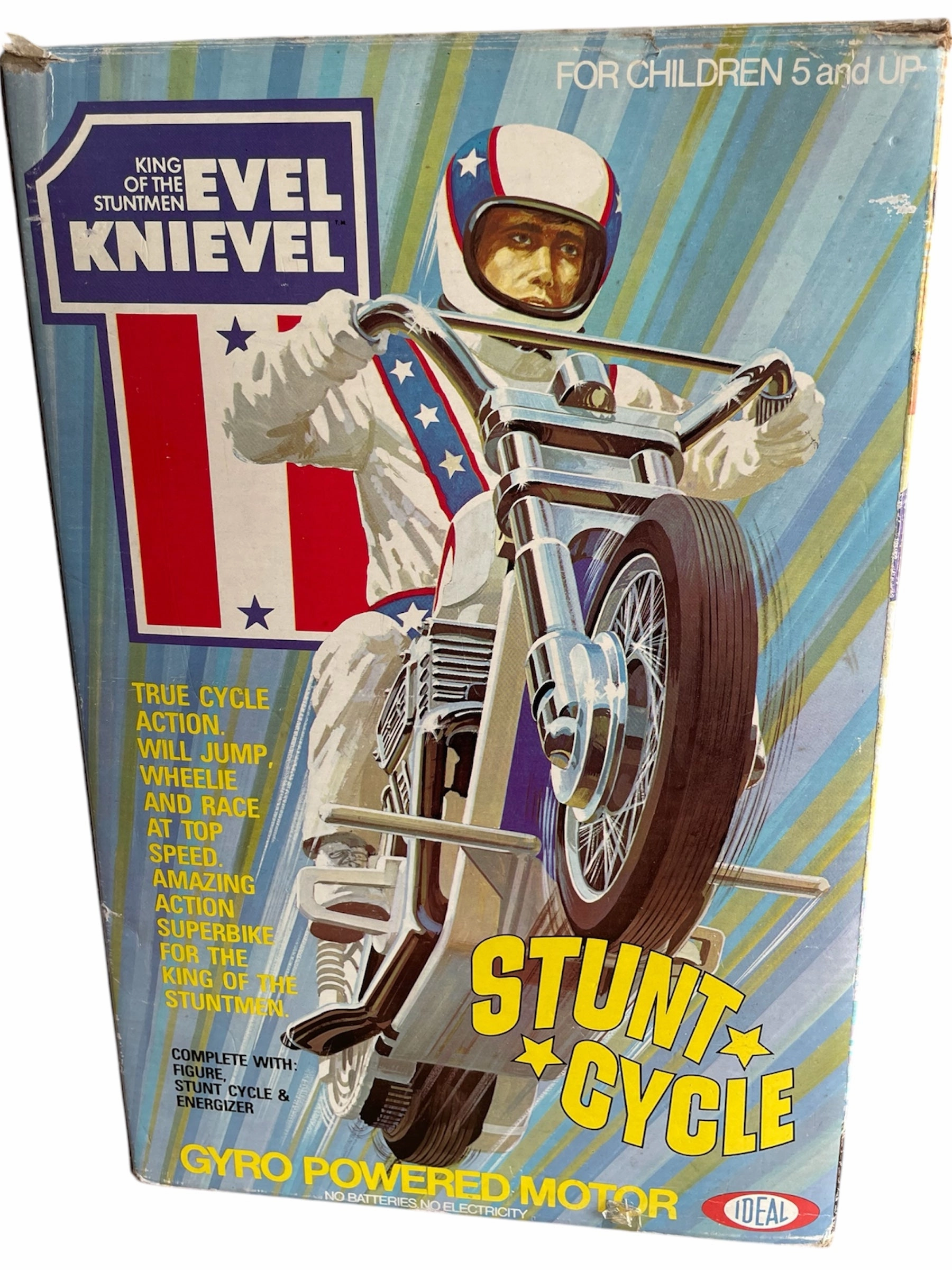 Vintage Ideal 1975 Evel Knievel King Of The Stuntmen Stunt Cycle Bike With Chrome Handlebars Complete With Evel Knievel Figure, Gyro Energizer and The Original Box