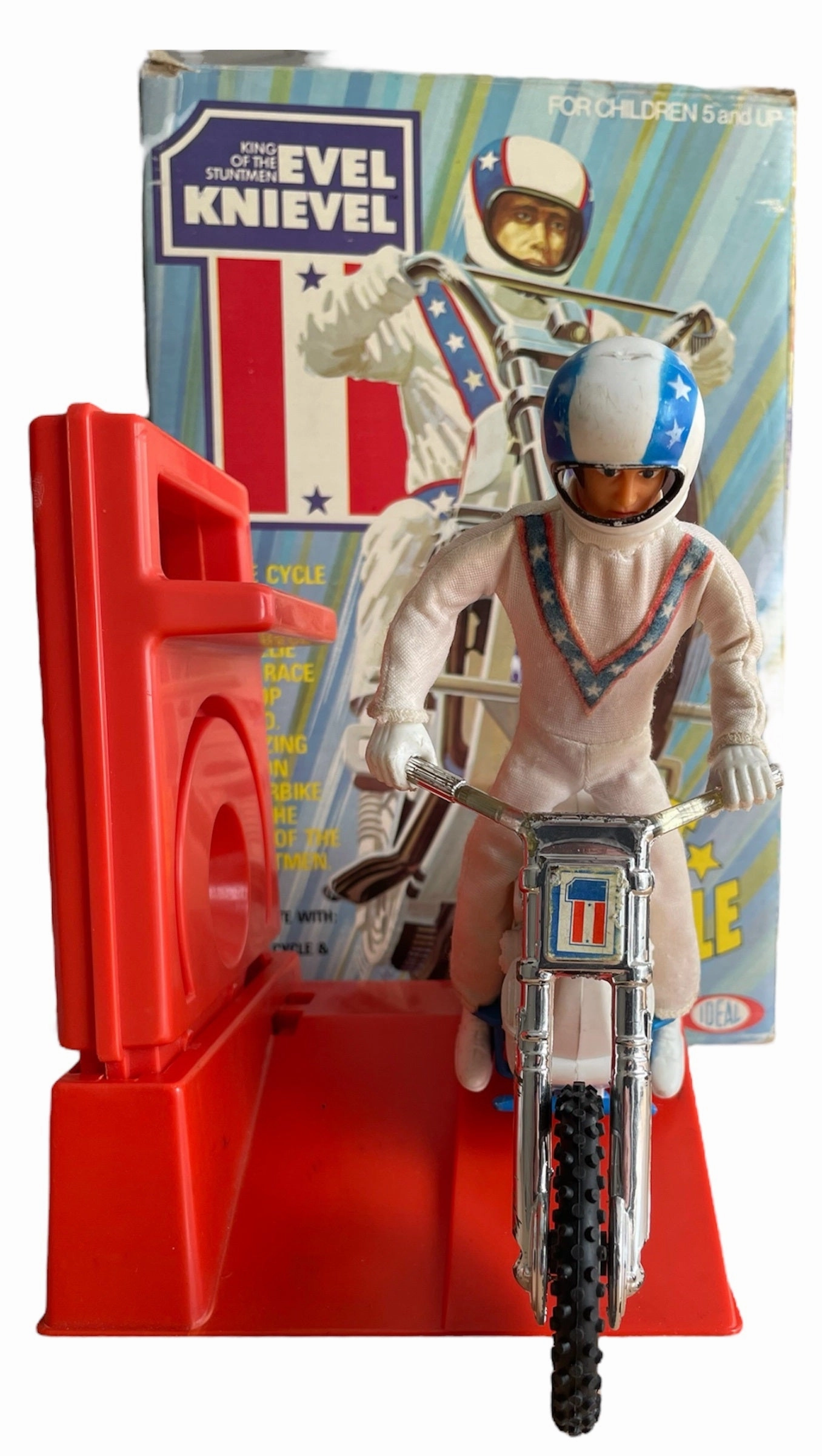 Vintage Ideal 1975 Evel Knievel King Of The Stuntmen Stunt Cycle Bike With Chrome Handlebars Complete With Evel Knievel Figure, Gyro Energizer and The Original Box