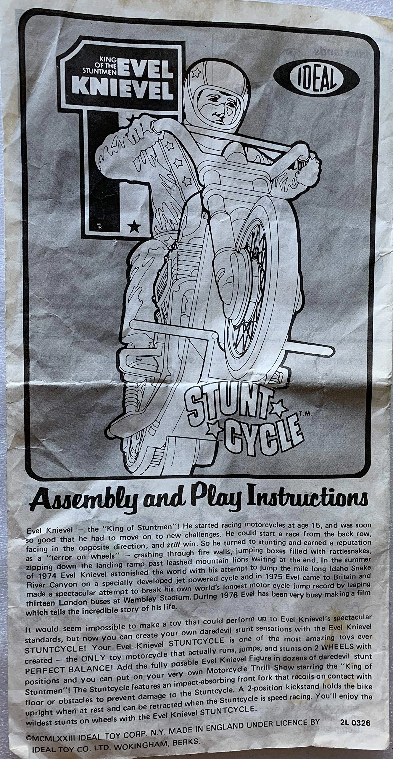 Vintage Ideal 1975 Evel Knievel King Of The Stuntmen Stunt Cycle Bike With Chrome Handlebars Complete With Evel Knievel Figure, Gyro Energizer and The Original Box