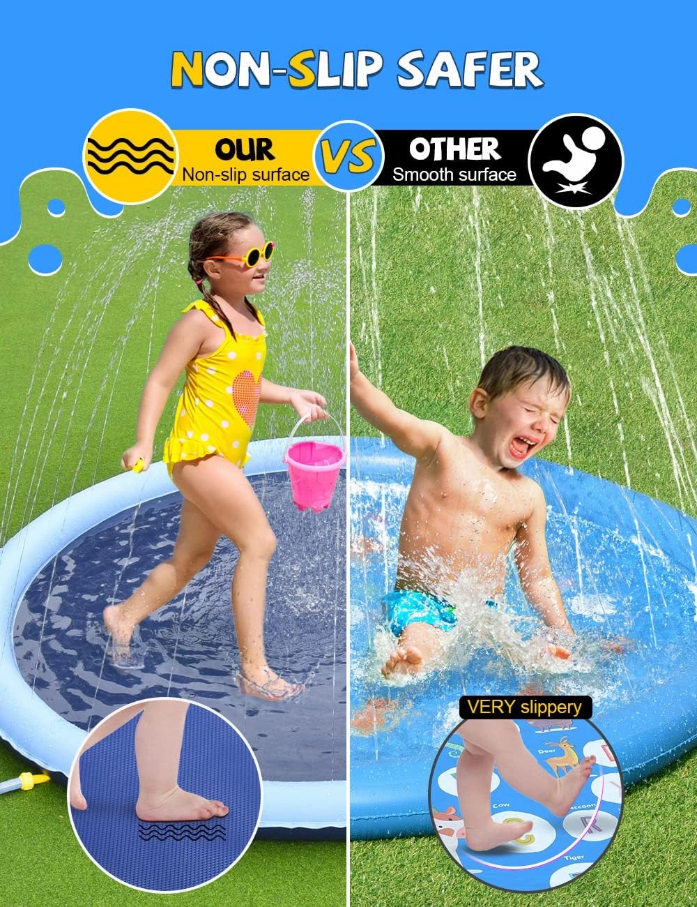 VISTOP Non-Slip Splash Pad for Kids and Dog, Thicken Sprinkler Pool Summer Outdoor Water Toys - Fun Backyard Fountain Play Mat for Baby Girls Boys Children or Pet Dog (97 inch, Blue&Blue)