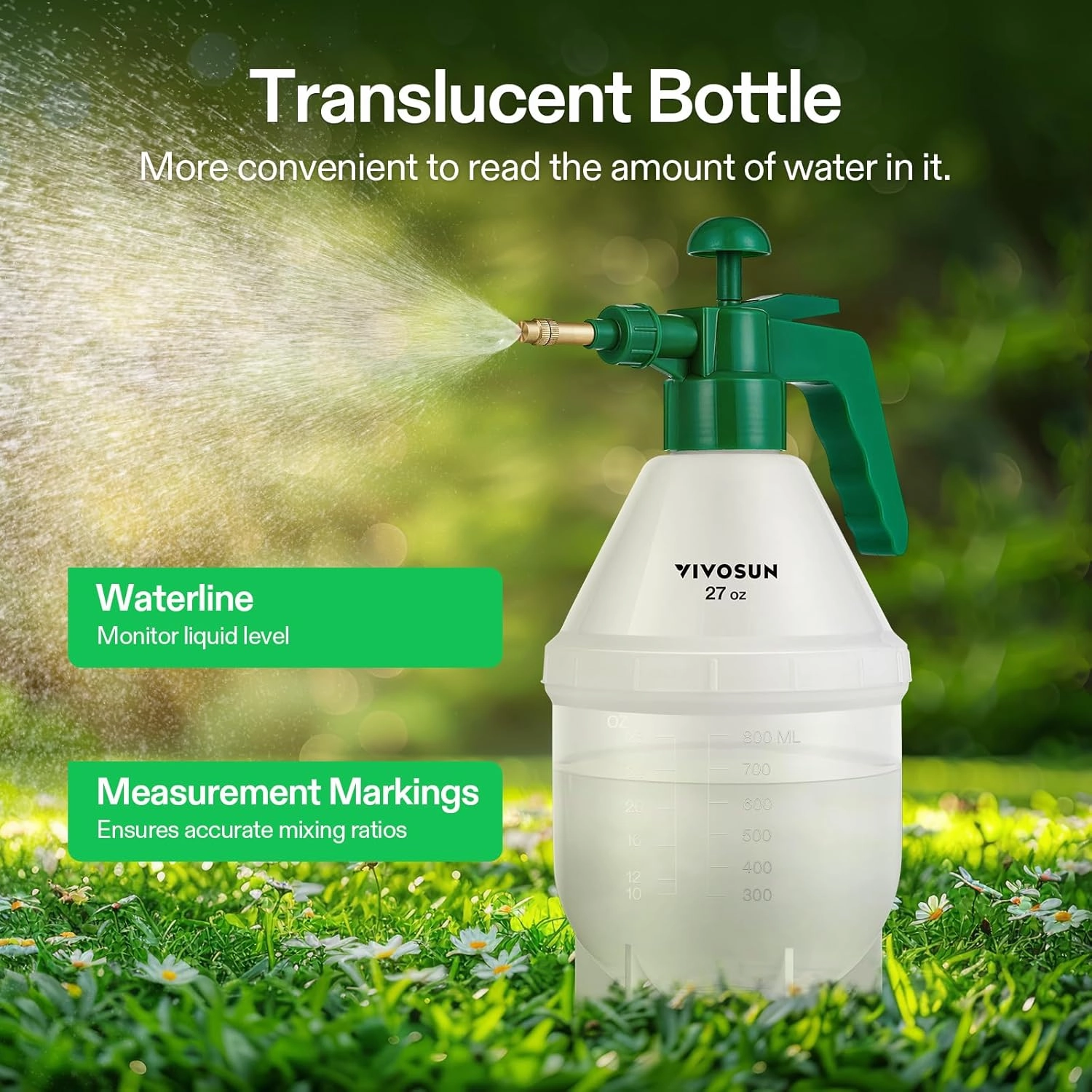 VIVOSUN 0.2 Gallon Handheld Garden Pump Sprayer, 27 oz Gallon Lawn & Garden Pressure Water Spray Bottle with Adjustable Brass Nozzle, for Plants and Other Cleaning Solutions (0.8L Green)