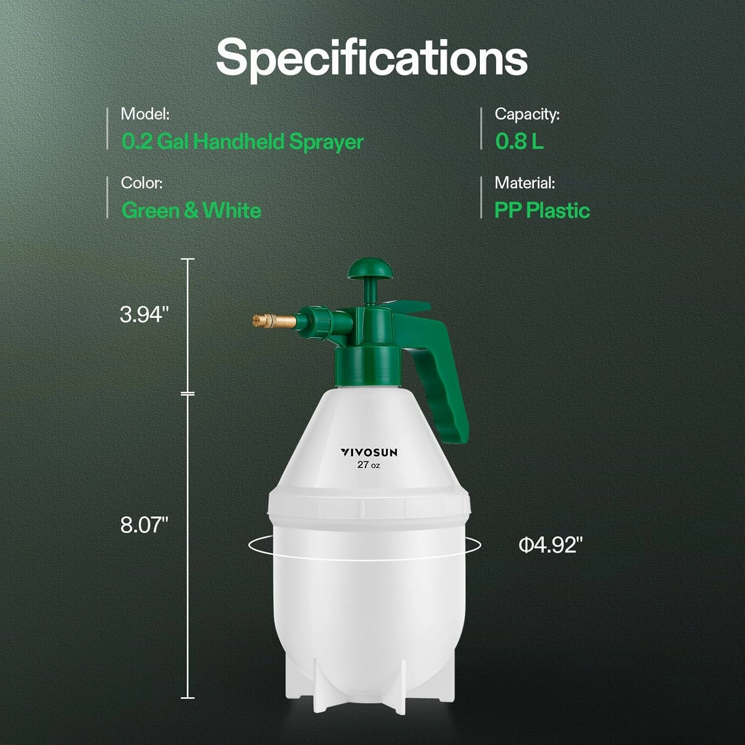 VIVOSUN 0.2 Gallon Handheld Garden Pump Sprayer, 27 oz Gallon Lawn & Garden Pressure Water Spray Bottle with Adjustable Brass Nozzle, for Plants and Other Cleaning Solutions (0.8L Green)