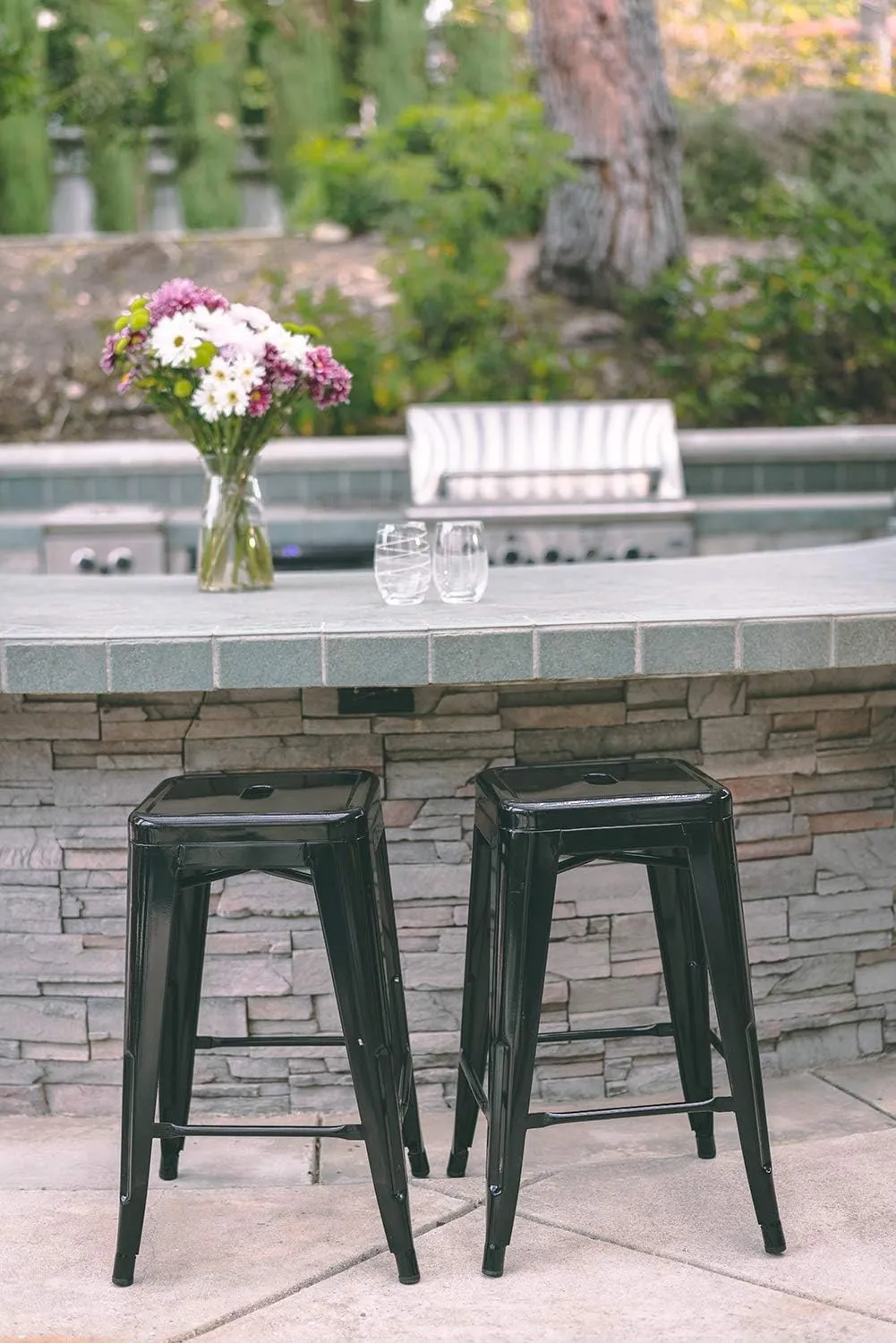 Vogue Furniture Direct 24" Bar Stools Black Backless Metal Barstools Indoor-Outdoor Counter Height Stools with Square Seat, Set of 2 - VF1571001