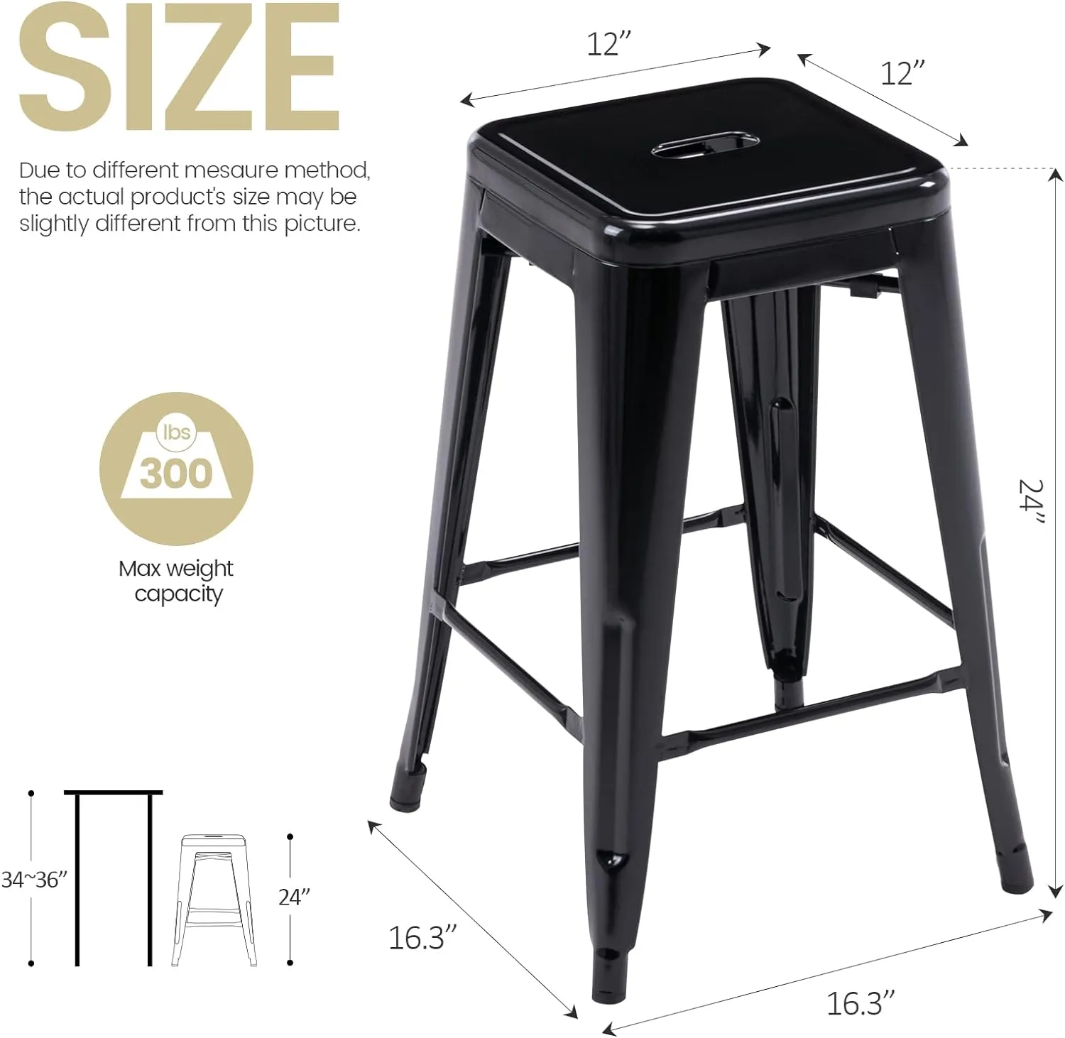 Vogue Furniture Direct 24" Bar Stools Black Backless Metal Barstools Indoor-Outdoor Counter Height Stools with Square Seat, Set of 2 - VF1571001