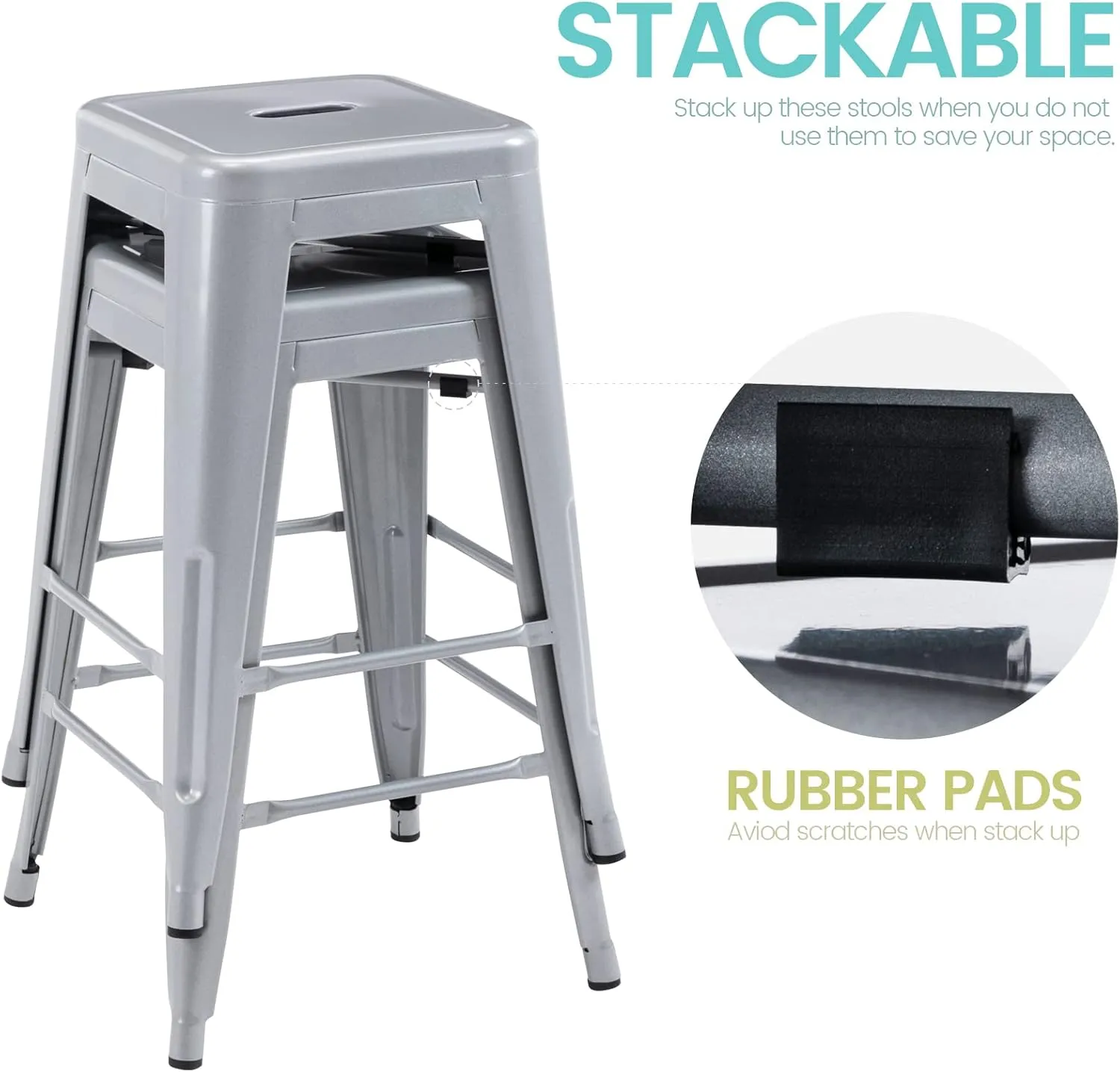 Vogue Furniture Direct 24" High Bar Stools Backless Silver Metal Barstools Indoor-Outdoor Barstools Counter Height Stools with Square Seat, Set of 2 - VF1571021