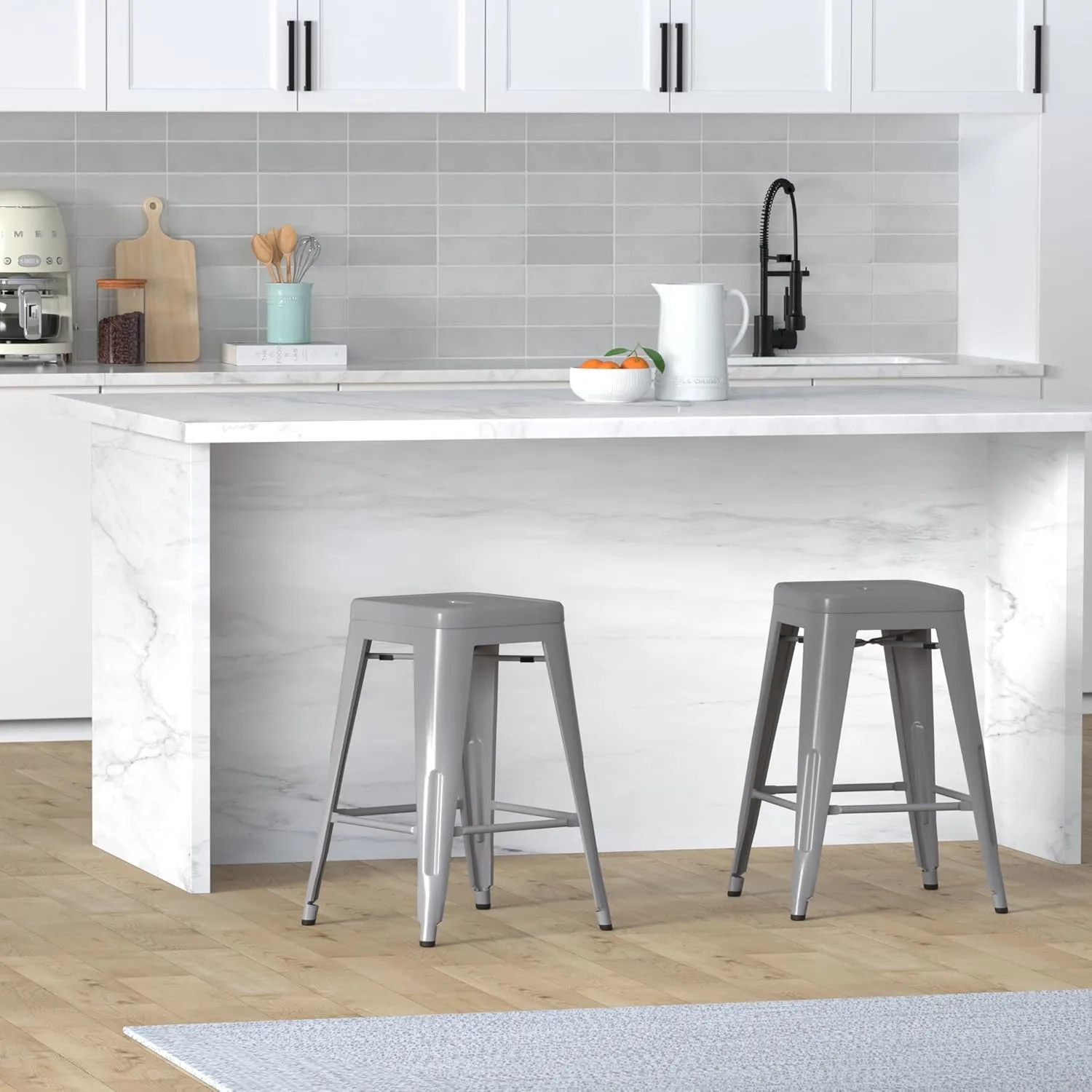Vogue Furniture Direct 24" High Bar Stools Backless Silver Metal Barstools Indoor-Outdoor Barstools Counter Height Stools with Square Seat, Set of 2 - VF1571021