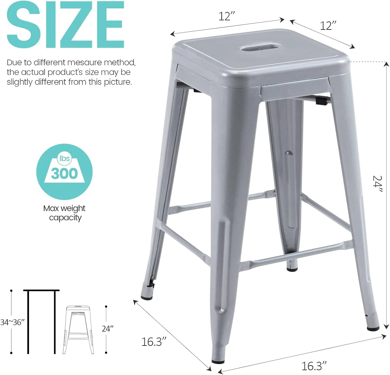 Vogue Furniture Direct 24" High Bar Stools Backless Silver Metal Barstools Indoor-Outdoor Barstools Counter Height Stools with Square Seat, Set of 2 - VF1571021