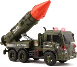 Vokodo Military Launcher Truck Friction Powered Fighter with Lights Sounds and Pull Back Missile Kids Push and Go Army Carrier Vehicle Pretend Play Armored Toy Car Great Gift for Children Boys Girls