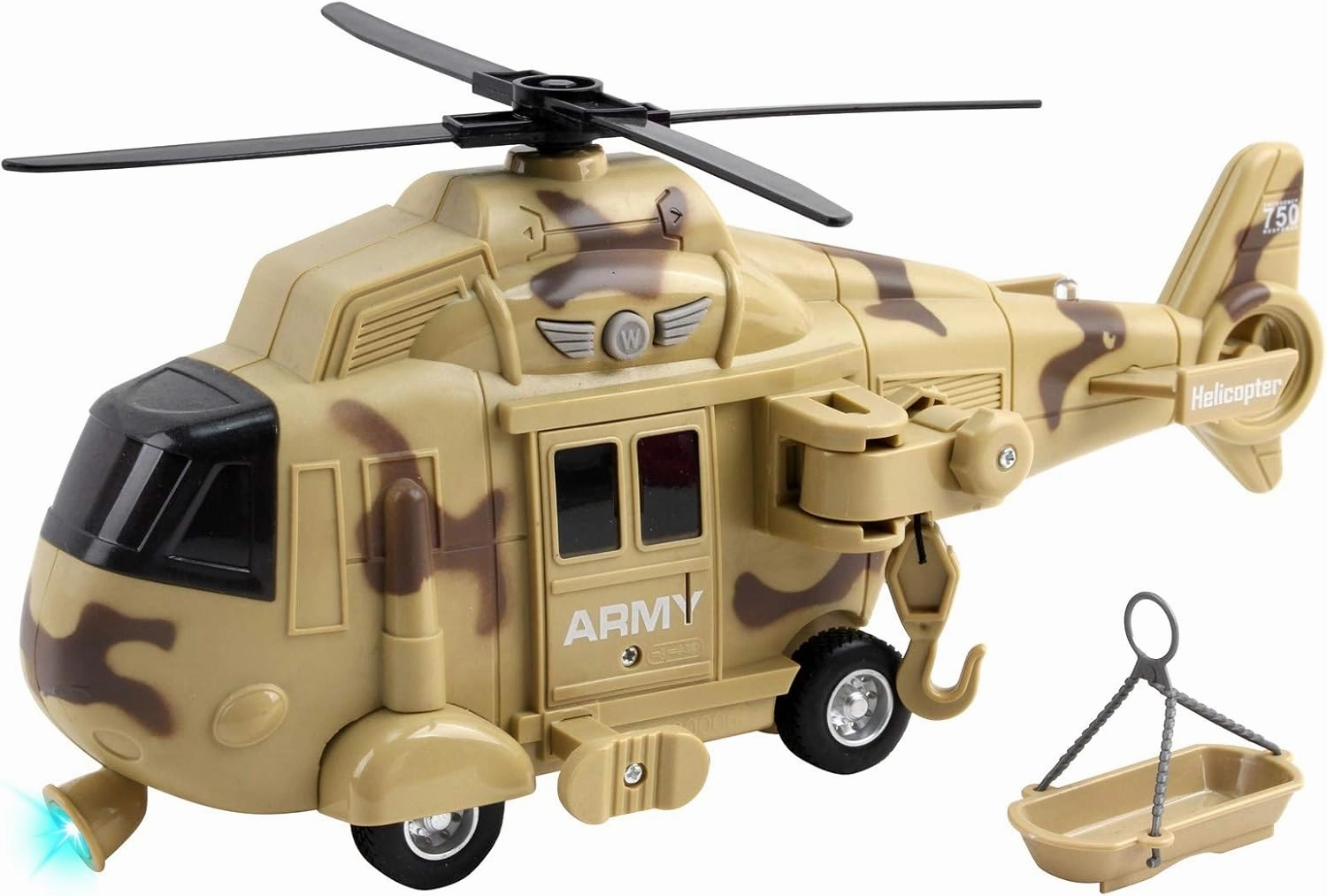 Vokodo Military Helicopter 11" With Lights Sounds Push And Go Includes Rescue Basket Durable Toy Friction Power Kids Army Soldier Chopper Pretend Play Truck Great Gift For Children Boys Girls Toddlers