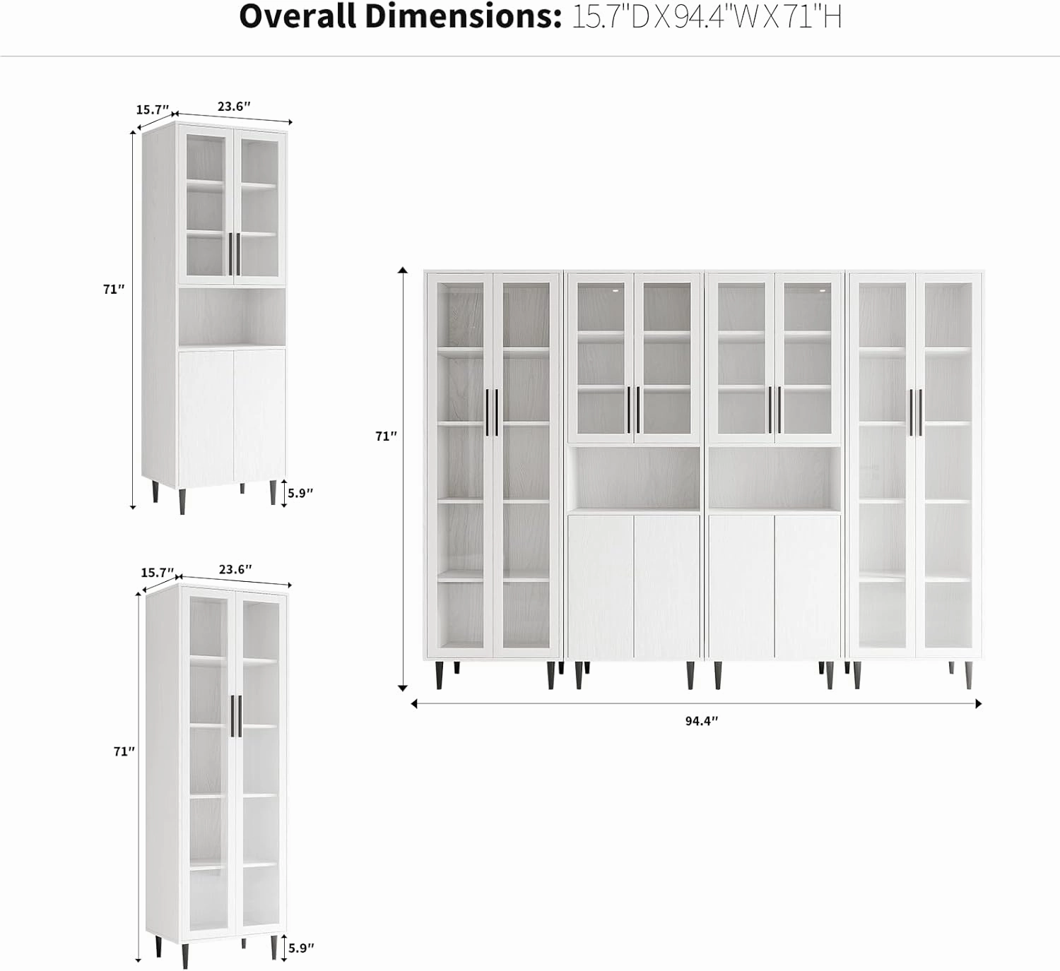 VOWNER 4 PCS Bookcase, 5-Tier Modern Bookshelf with 3 Large Drawers, Modern Large Storage Display Cabinet Set for Home Office, Living Room (ACCA) (White)