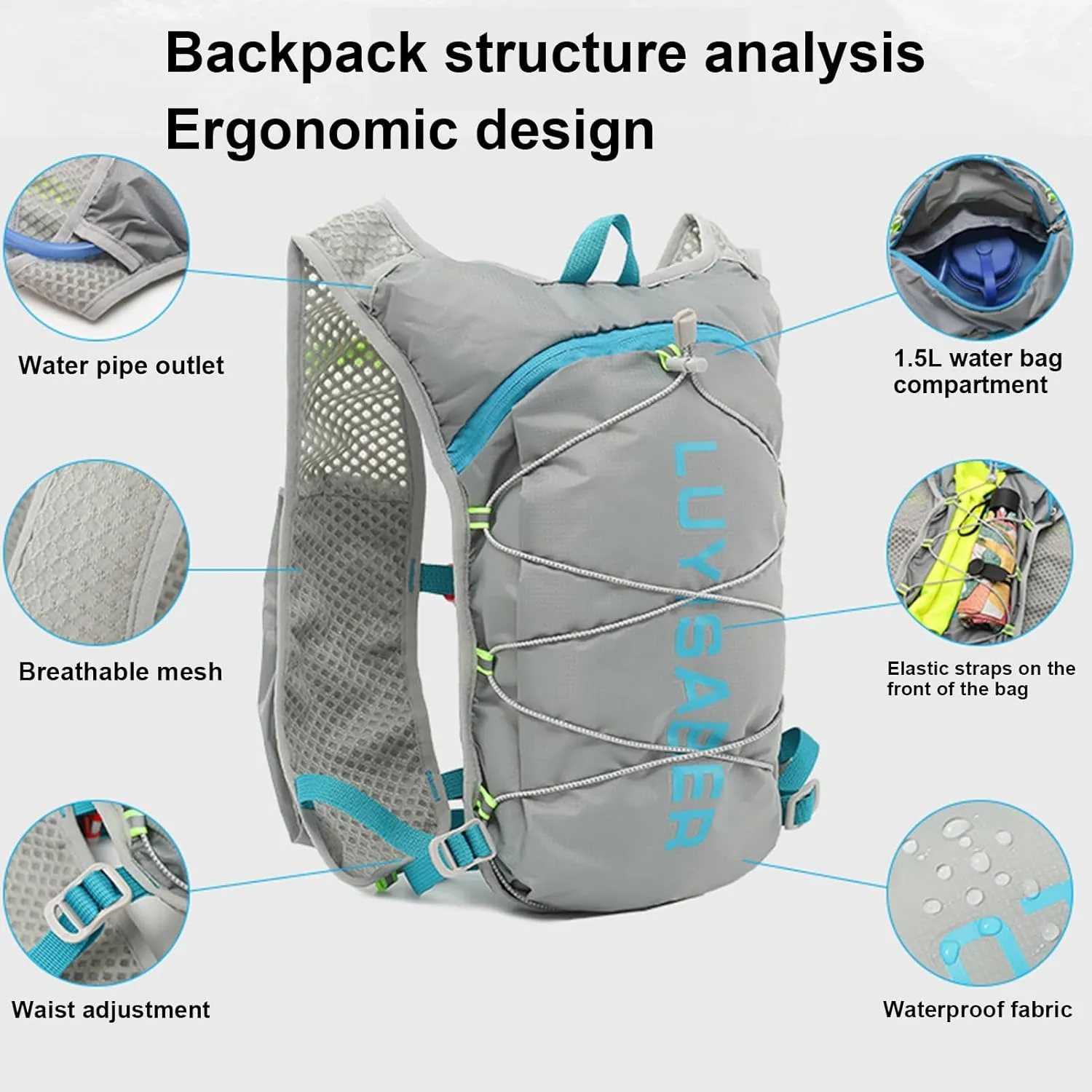 Water Backpack – Reflective Hiking Pack, Adjustable Shoulder Straps | Breathable Back Pads, Lightweight Hydration Carrier, Outdoor Daypack, for Cycling, Climbing, Trail Running, Hiking Trips