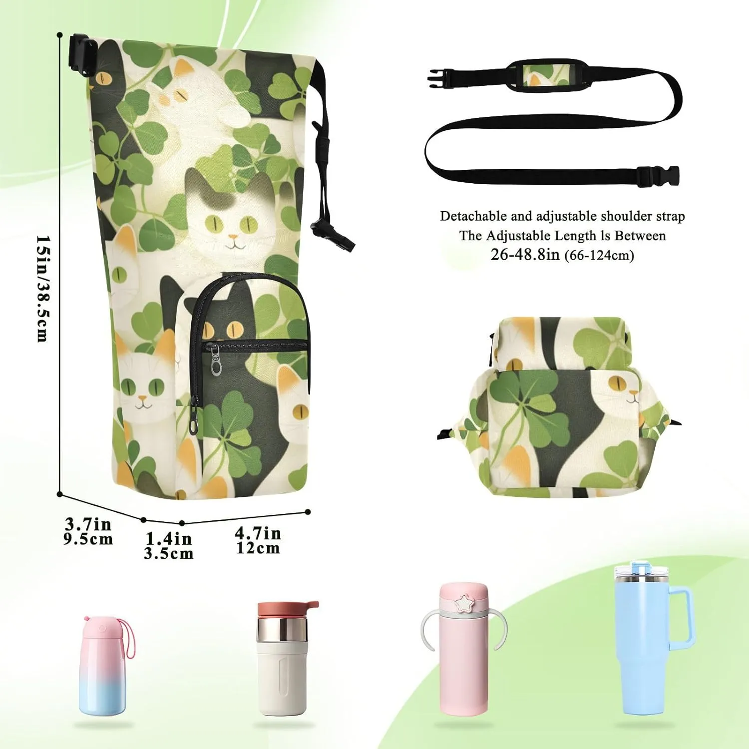 Water Bottle Holder with Strap 20/24/32/40oz Insulated Water Bottle Carrier Sling Bag Sleeve with Phone Pocket for Hiking Travelling Camping American Shorthair St. Patrick Clover Green