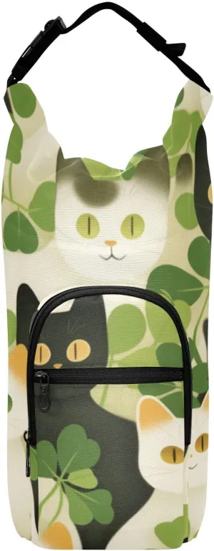 Water Bottle Holder with Strap 20/24/32/40oz Insulated Water Bottle Carrier Sling Bag Sleeve with Phone Pocket for Hiking Travelling Camping American Shorthair St. Patrick Clover Green