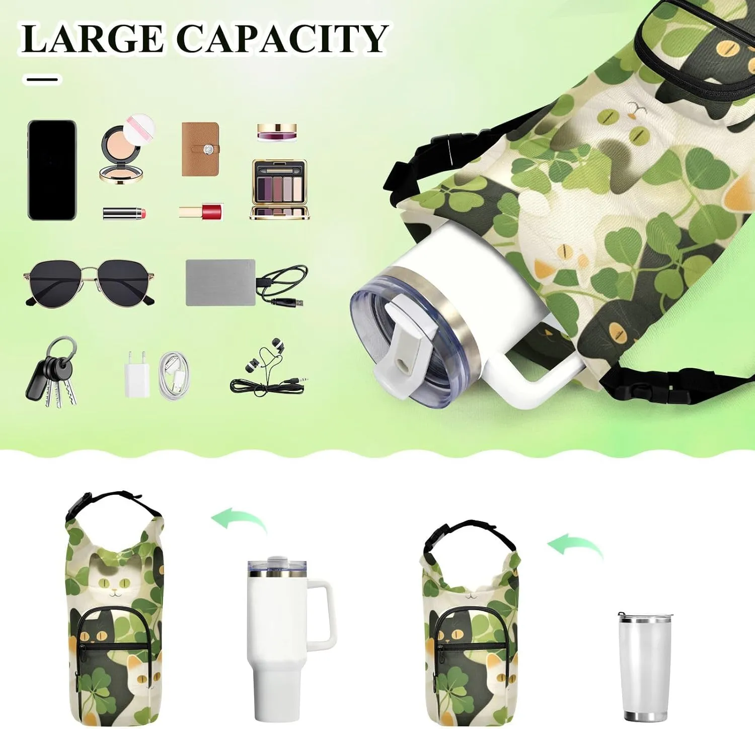 Water Bottle Holder with Strap 20/24/32/40oz Insulated Water Bottle Carrier Sling Bag Sleeve with Phone Pocket for Hiking Travelling Camping American Shorthair St. Patrick Clover Green