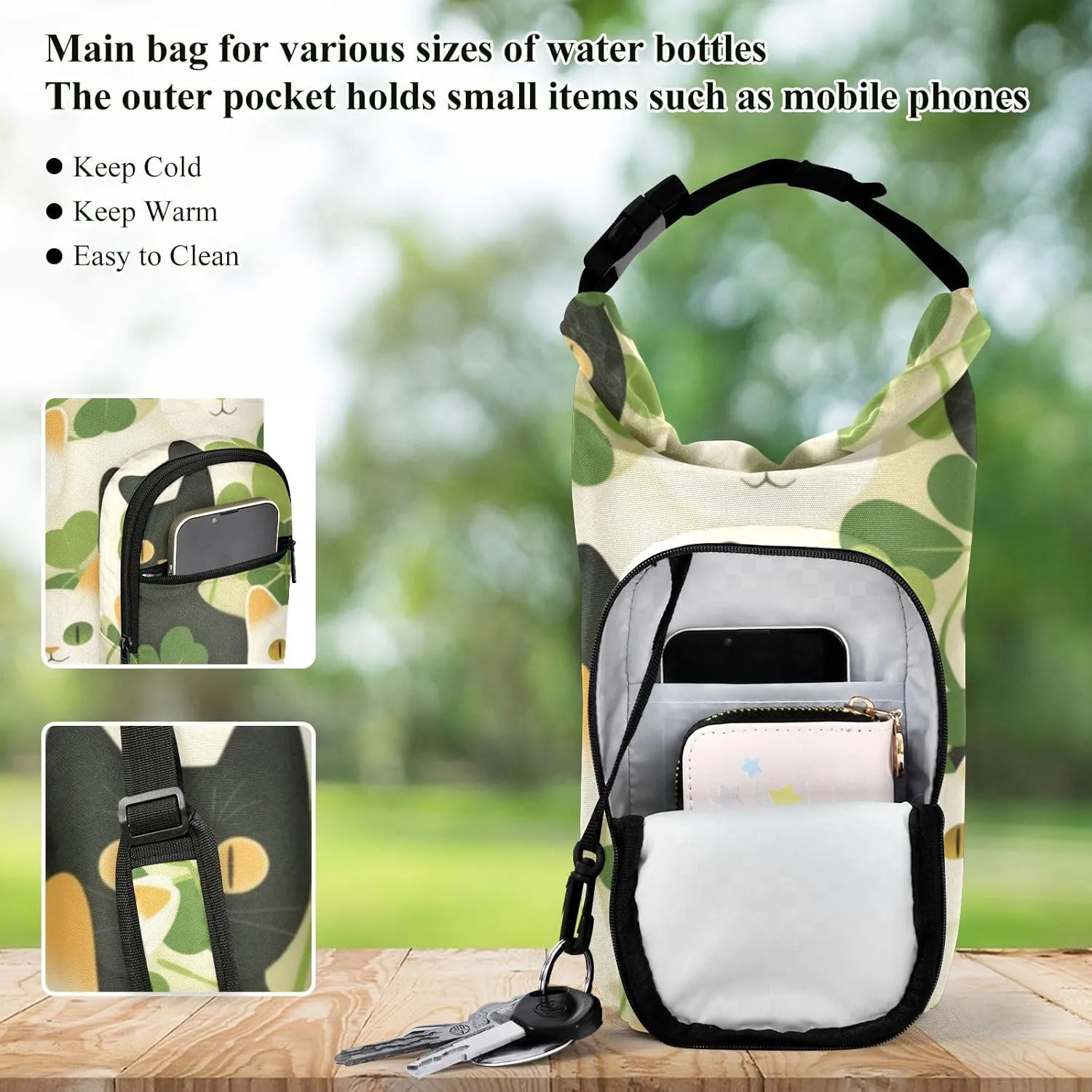 Water Bottle Holder with Strap 20/24/32/40oz Insulated Water Bottle Carrier Sling Bag Sleeve with Phone Pocket for Hiking Travelling Camping American Shorthair St. Patrick Clover Green
