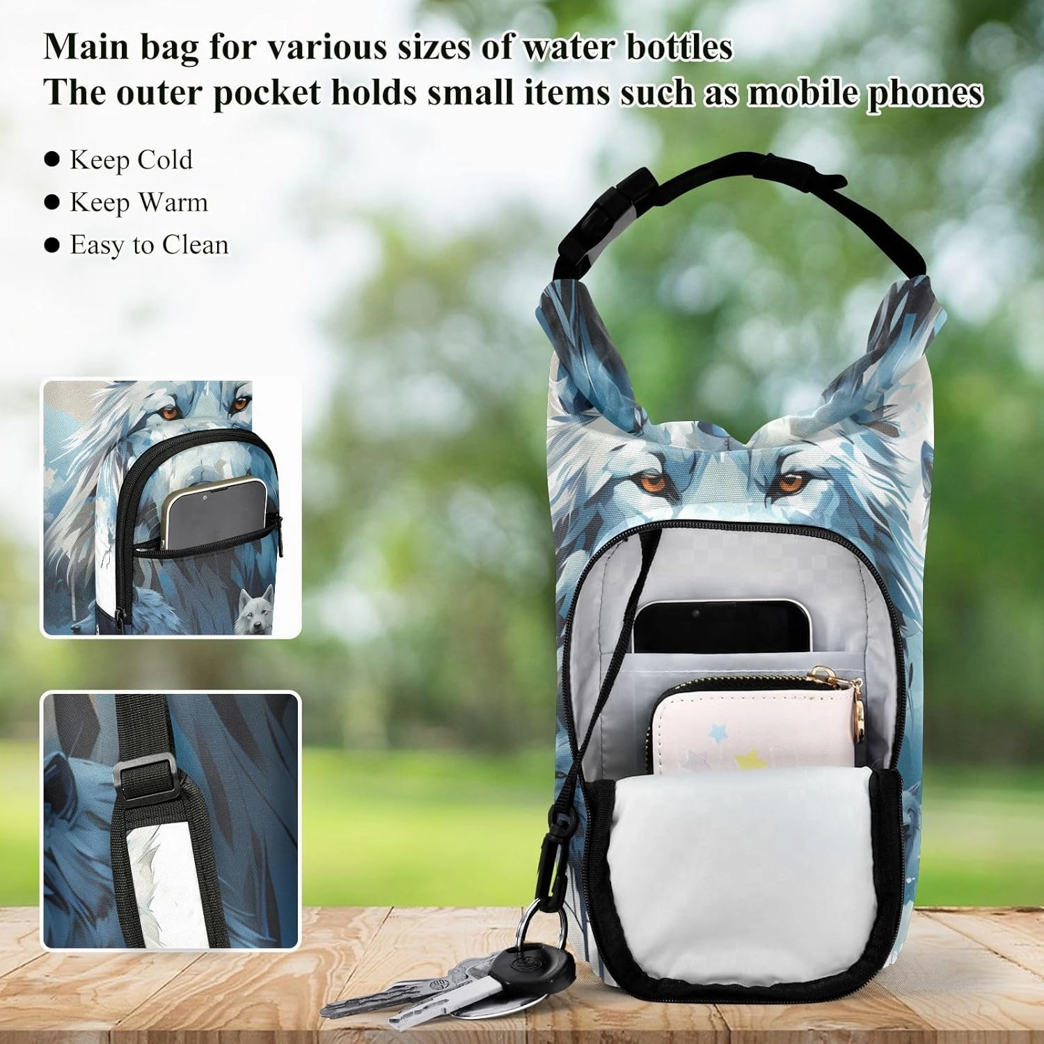 Water Bottle Carrier Bag Watercolor Wolf Family Pattern Bottle Pouch Holder Sports Water Bottle Accessories
