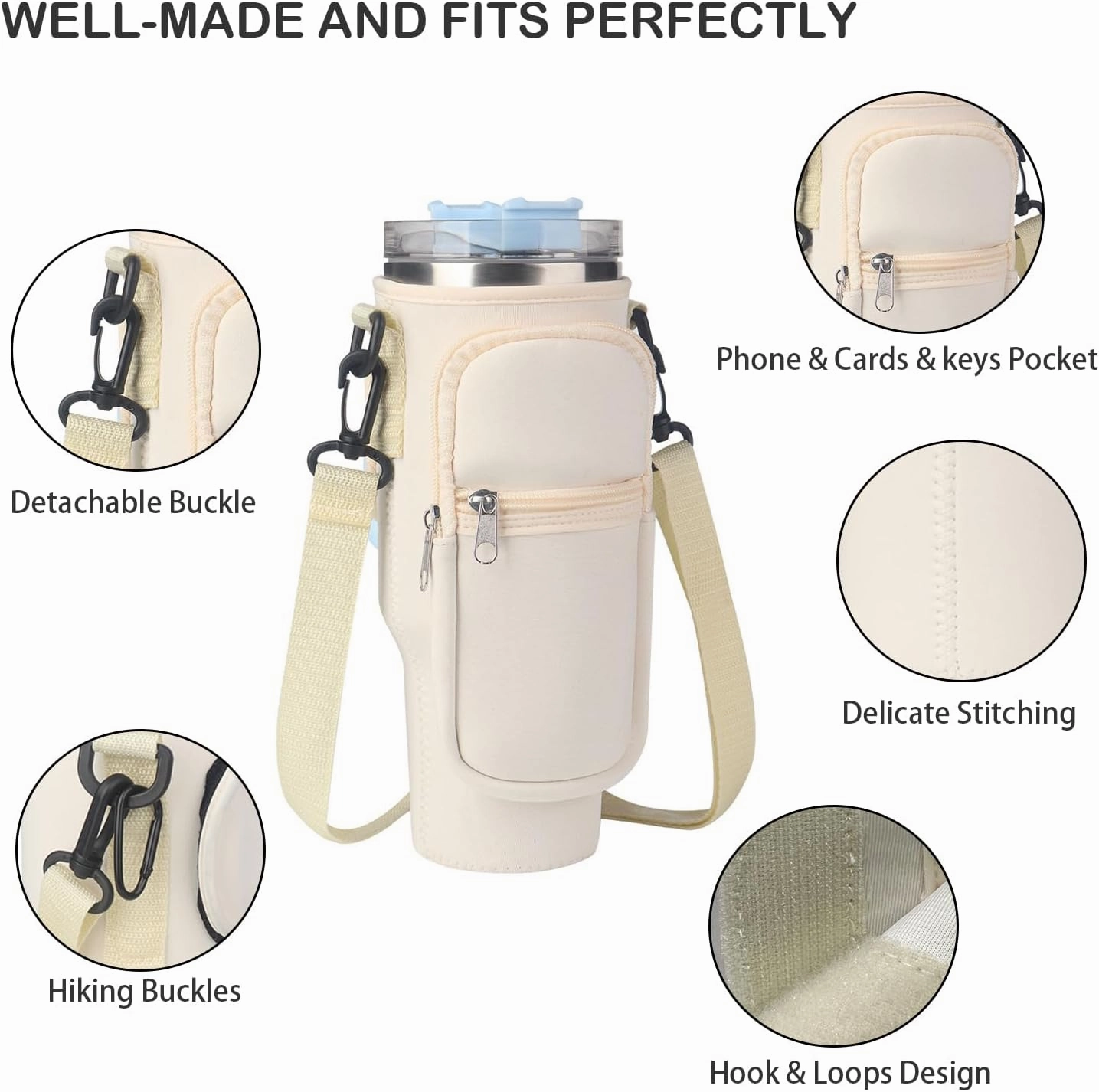 Water Bottle Carrier Bag with Phone Pocket for Stanley Quencher H2.0 & Adventure 40oz Tumbler, Adjustable Shoulder Hand Strap, Accessories for Walking Hiking Travelling Camping