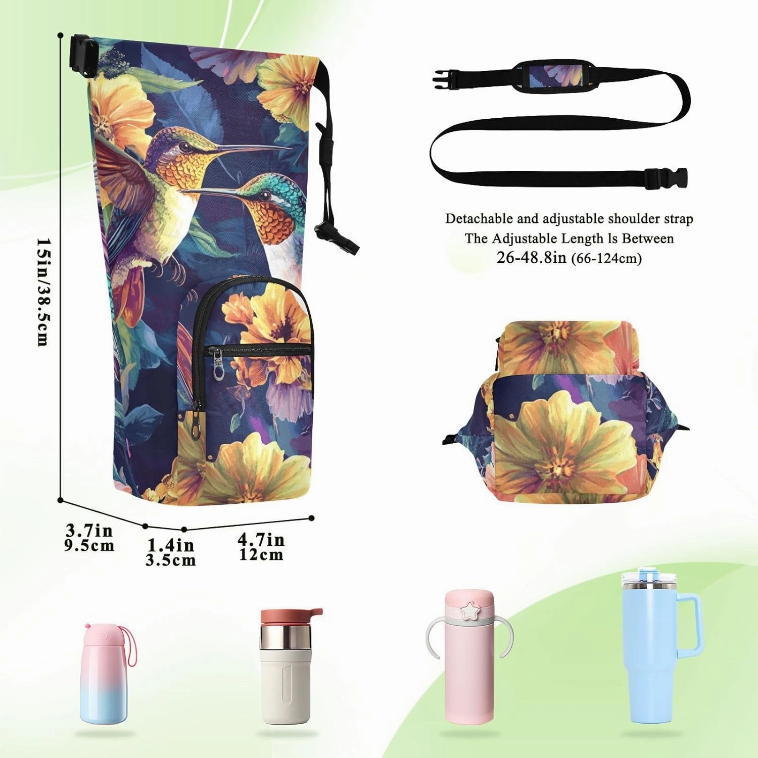 Water Bottle Holder with Strap 20/24/32/40oz Insulated Water Bottle Carrier Sling Bag Sleeve with Phone Pocket for Hiking Travelling Camping Hummingbirds and Colored Flowers