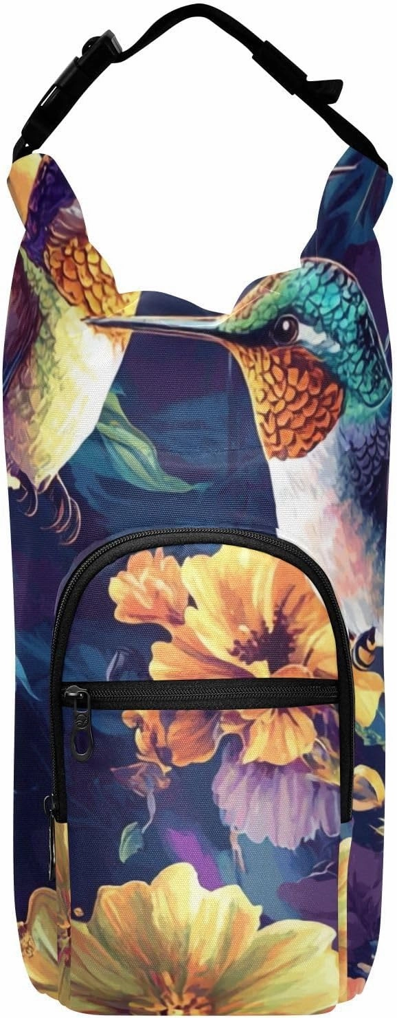 Water Bottle Holder with Strap 20/24/32/40oz Insulated Water Bottle Carrier Sling Bag Sleeve with Phone Pocket for Hiking Travelling Camping Hummingbirds and Colored Flowers