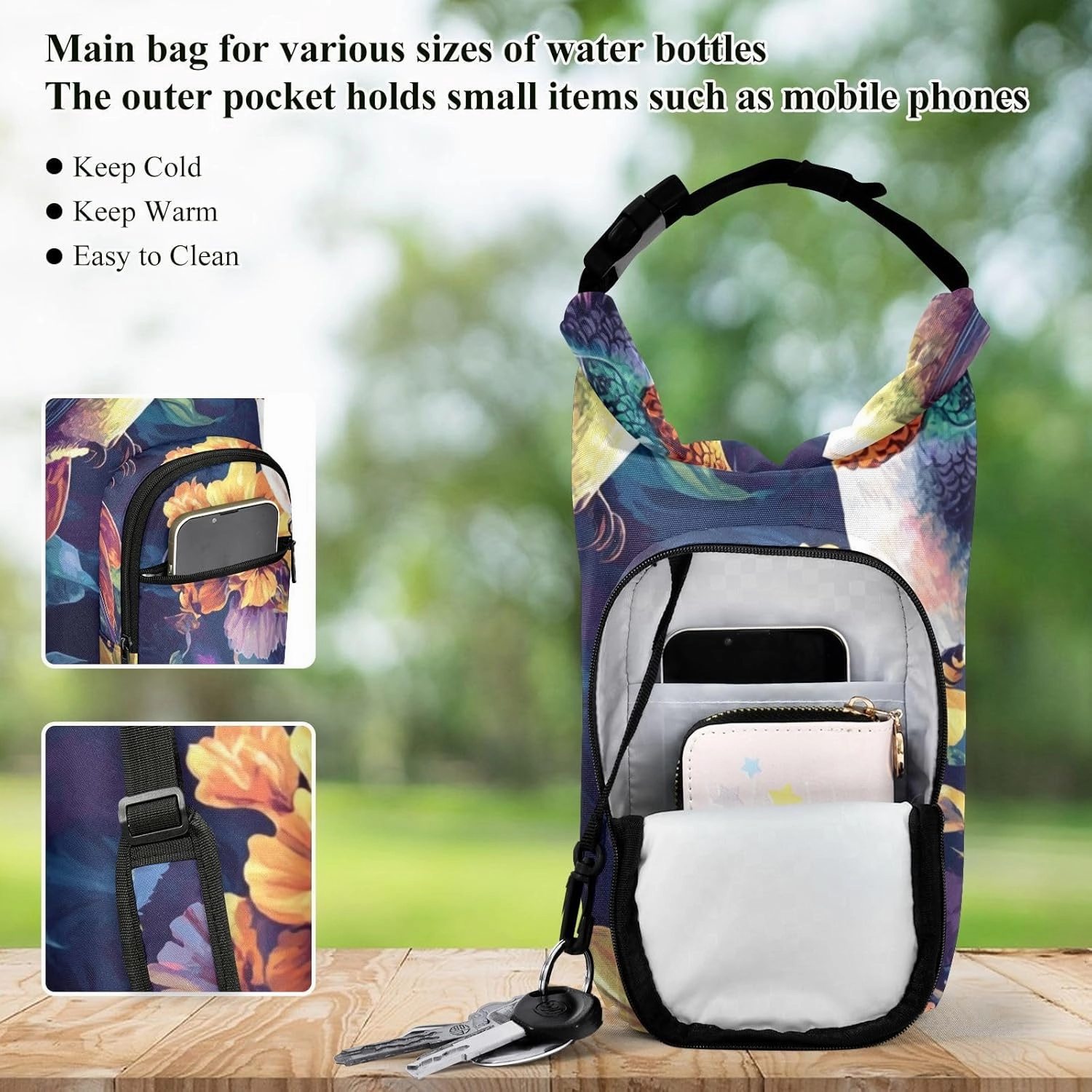 Water Bottle Holder with Strap 20/24/32/40oz Insulated Water Bottle Carrier Sling Bag Sleeve with Phone Pocket for Hiking Travelling Camping Hummingbirds and Colored Flowers